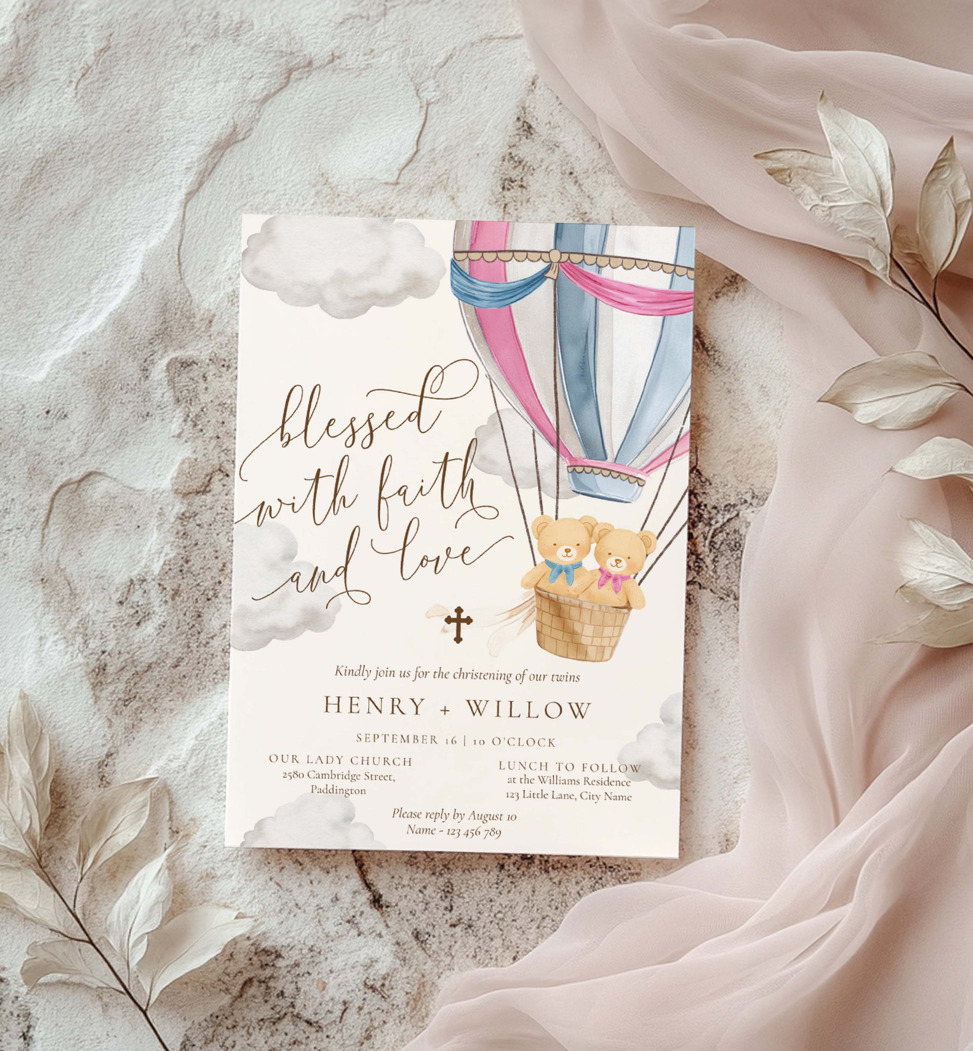 Wedding invitation card with hot air balloons and teddy bears on a textured surface. Twins Christening Printable Invitation Template: Pink & Blue Teddy Bear Hot Air Balloon, Boy/Girl Baptism