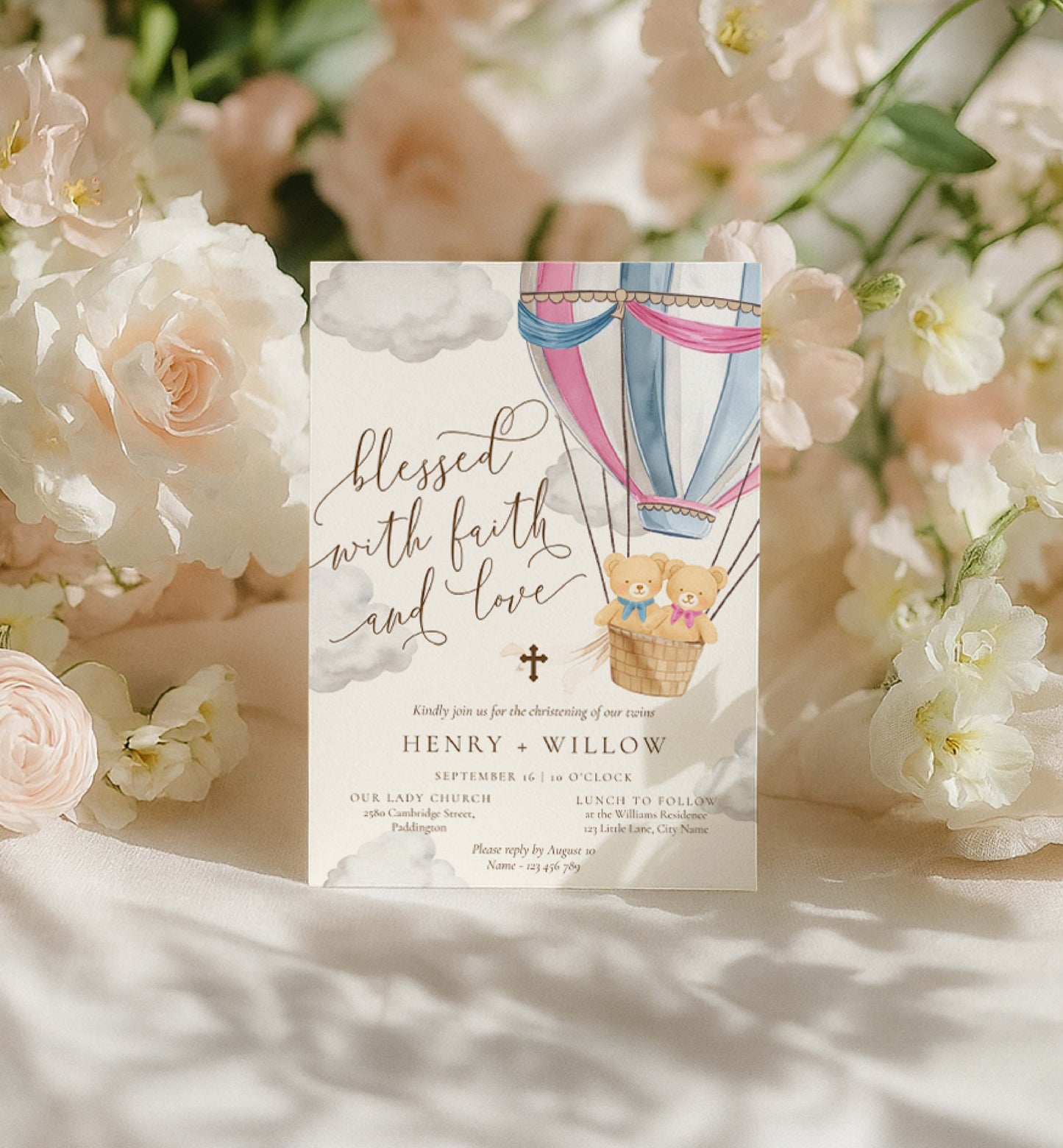 Wedding invitation card with hot air balloon and teddy bear design, surrounded by flowers. Twins Christening Printable Invitation Template: Pink & Blue Teddy Bear Hot Air Balloon, Boy/Girl Baptism