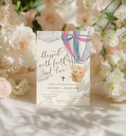 Wedding invitation card with hot air balloon and teddy bear design, surrounded by flowers. Twins Christening Printable Invitation Template: Pink & Blue Teddy Bear Hot Air Balloon, Boy/Girl Baptism