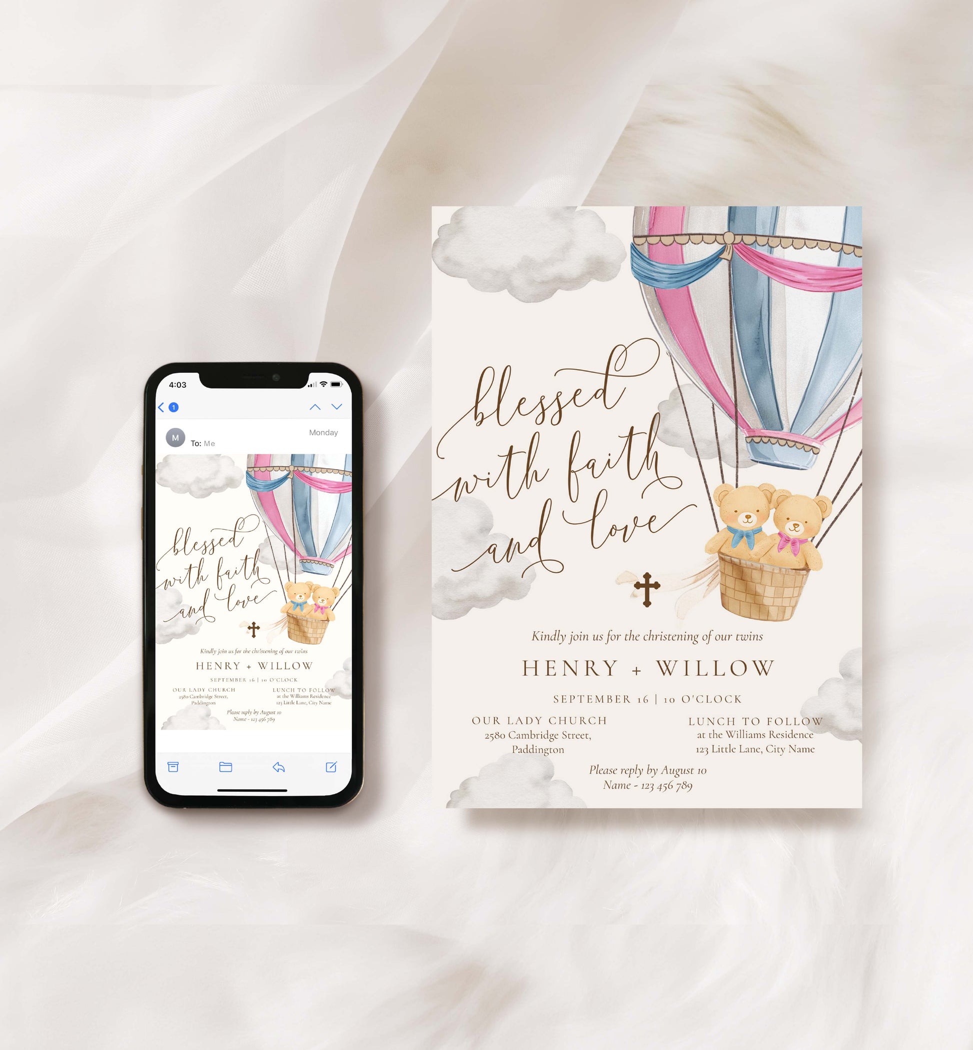 Phone displaying a wedding invitation with hot air balloons and teddy bears on a white background. Twins Christening Printable Invitation Template: Pink & Blue Teddy Bear Hot Air Balloon, Boy/Girl Baptism