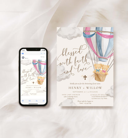 Phone displaying a wedding invitation with hot air balloons and teddy bears on a white background. Twins Christening Printable Invitation Template: Pink & Blue Teddy Bear Hot Air Balloon, Boy/Girl Baptism