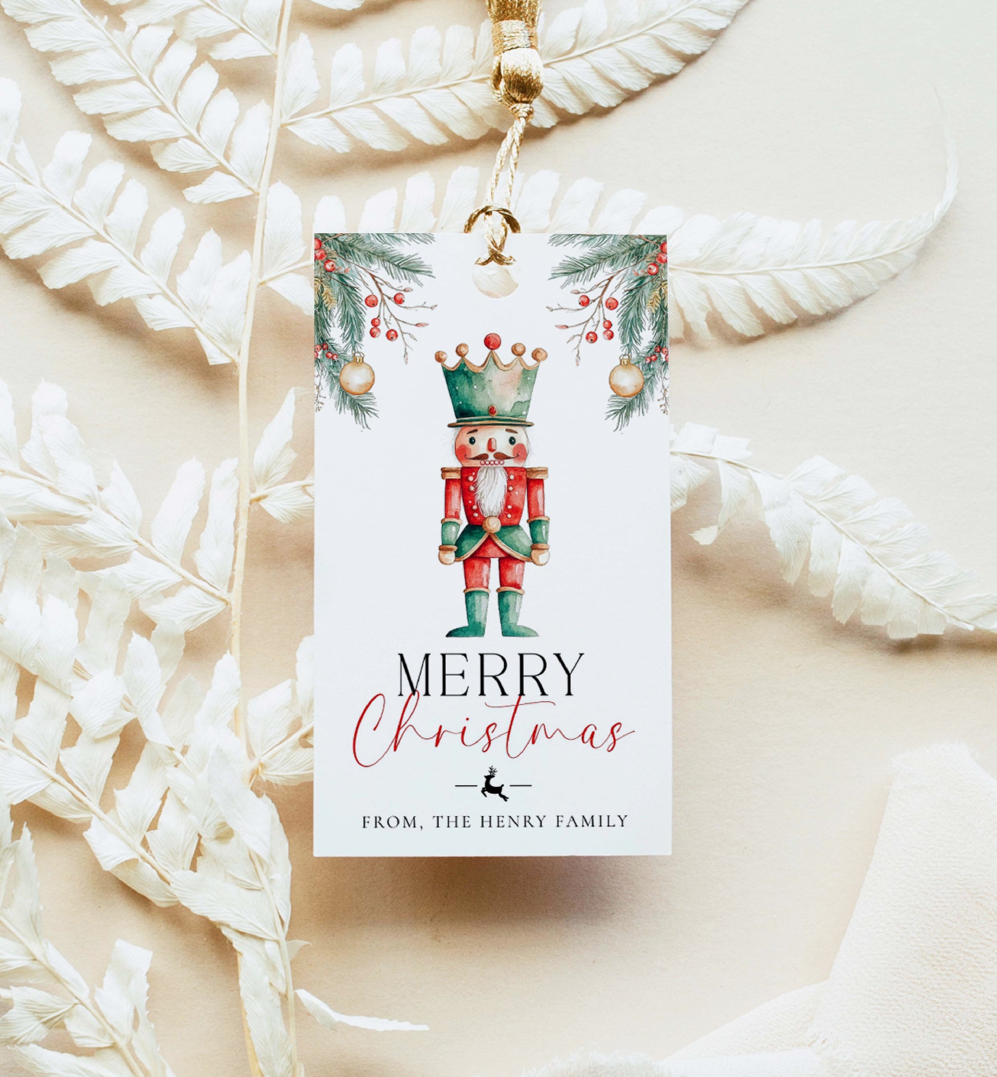 Printable Merry Christmas Gift Tag, Xmas Christmas Gift Tag, Nutcracker Holly Berry Merry Christmas Favor Tag