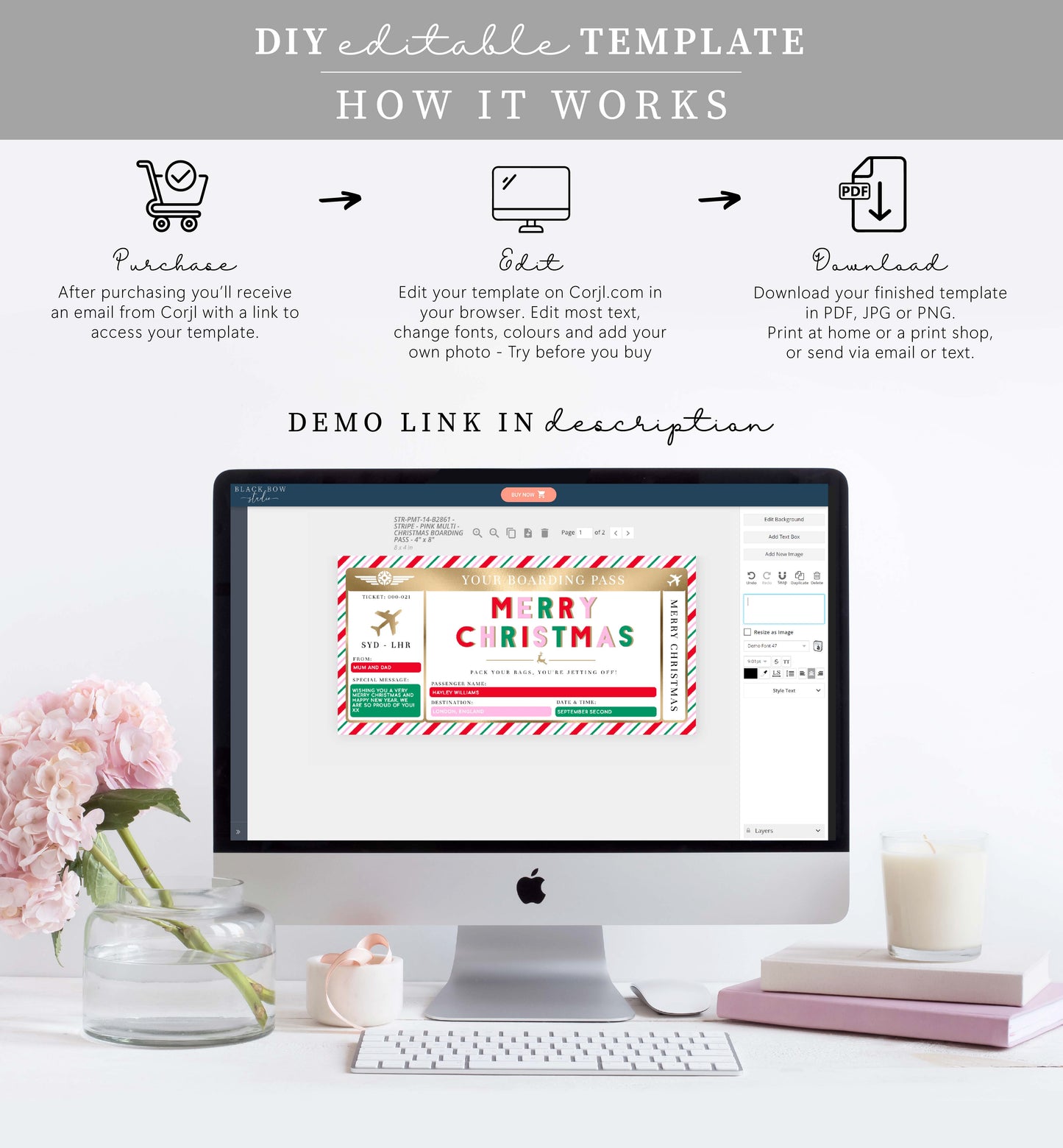 Stripe Pink Multi | Printable Christmas Boarding Pass Template