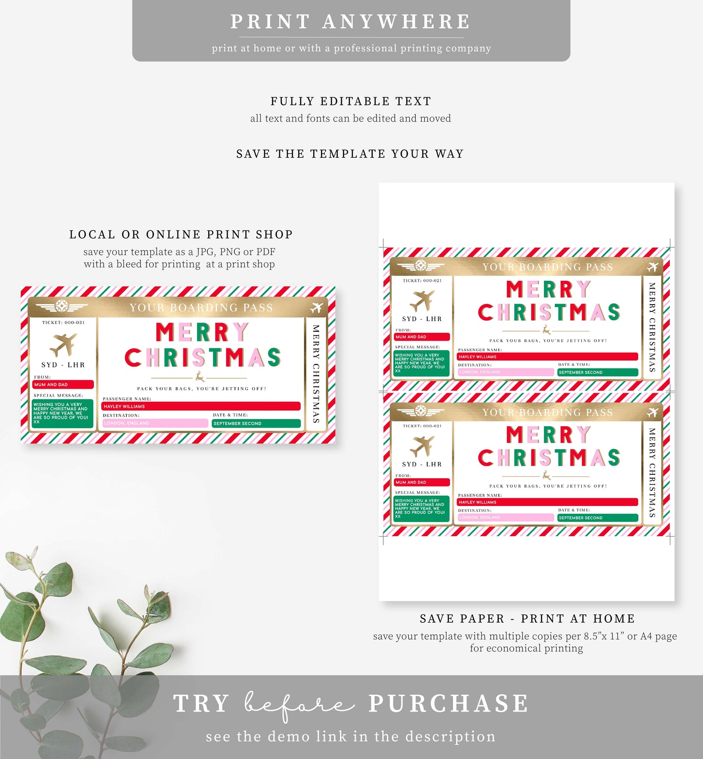 Stripe Pink Multi | Printable Christmas Boarding Pass Template