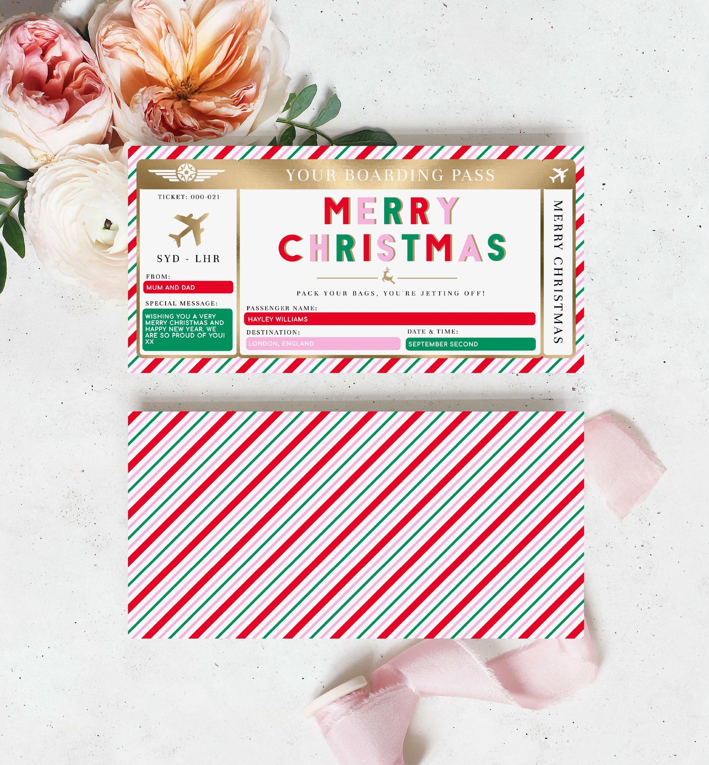Editable Boarding Pass Christmas Template, Printable Surprise Fake Airline Ticket Gold Foil, Vacation Airplane Ticket Gift, Festive Stripe