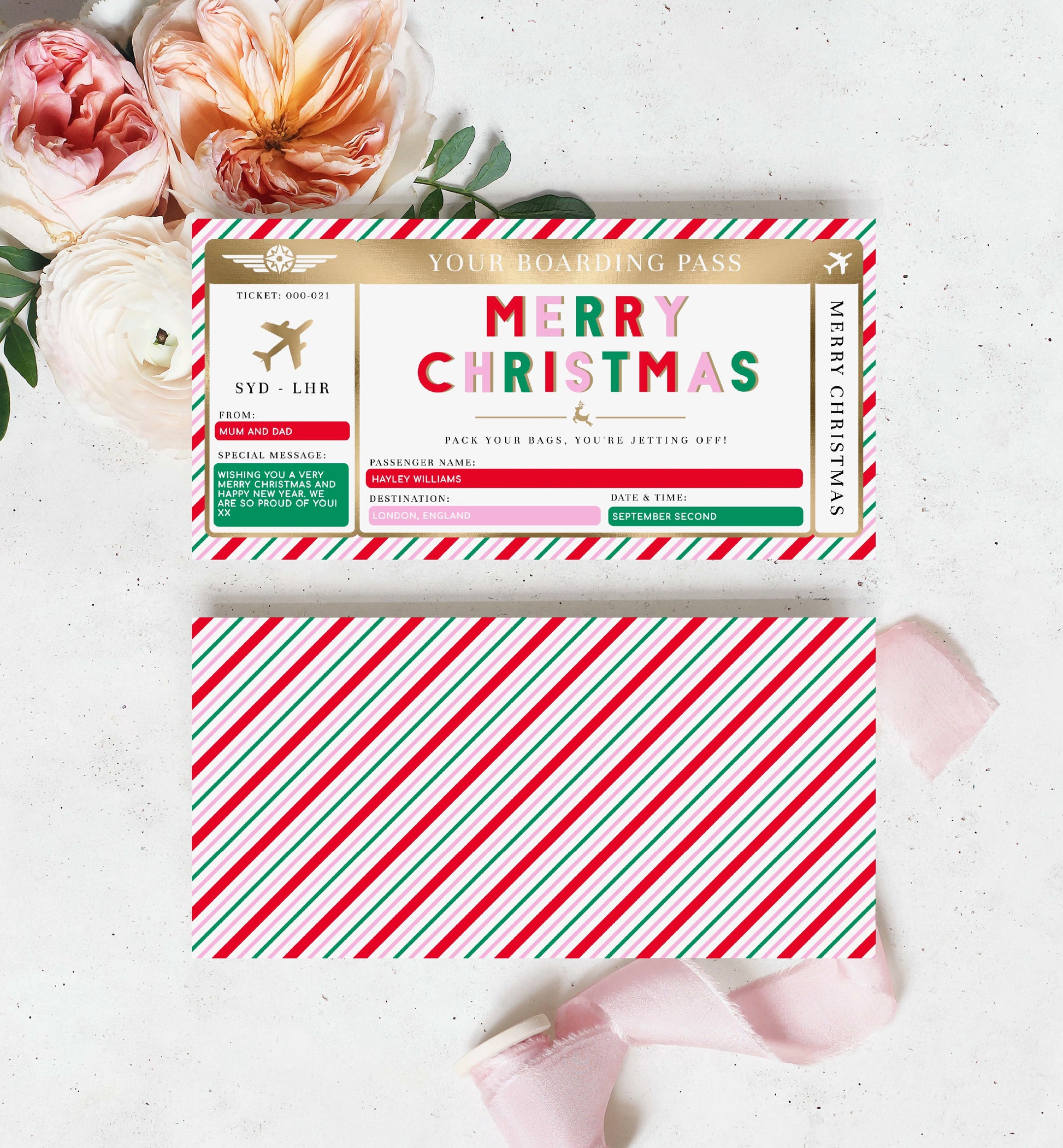 Editable Boarding Pass Christmas Template, Printable Surprise Fake Airline Ticket Gold Foil, Vacation Airplane Ticket Gift, Festive Stripe