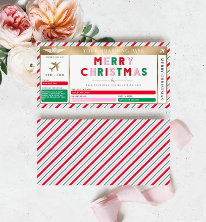 Editable Boarding Pass Christmas Template, Printable Surprise Fake Airline Ticket Gold Foil, Vacation Airplane Ticket Gift, Festive Stripe