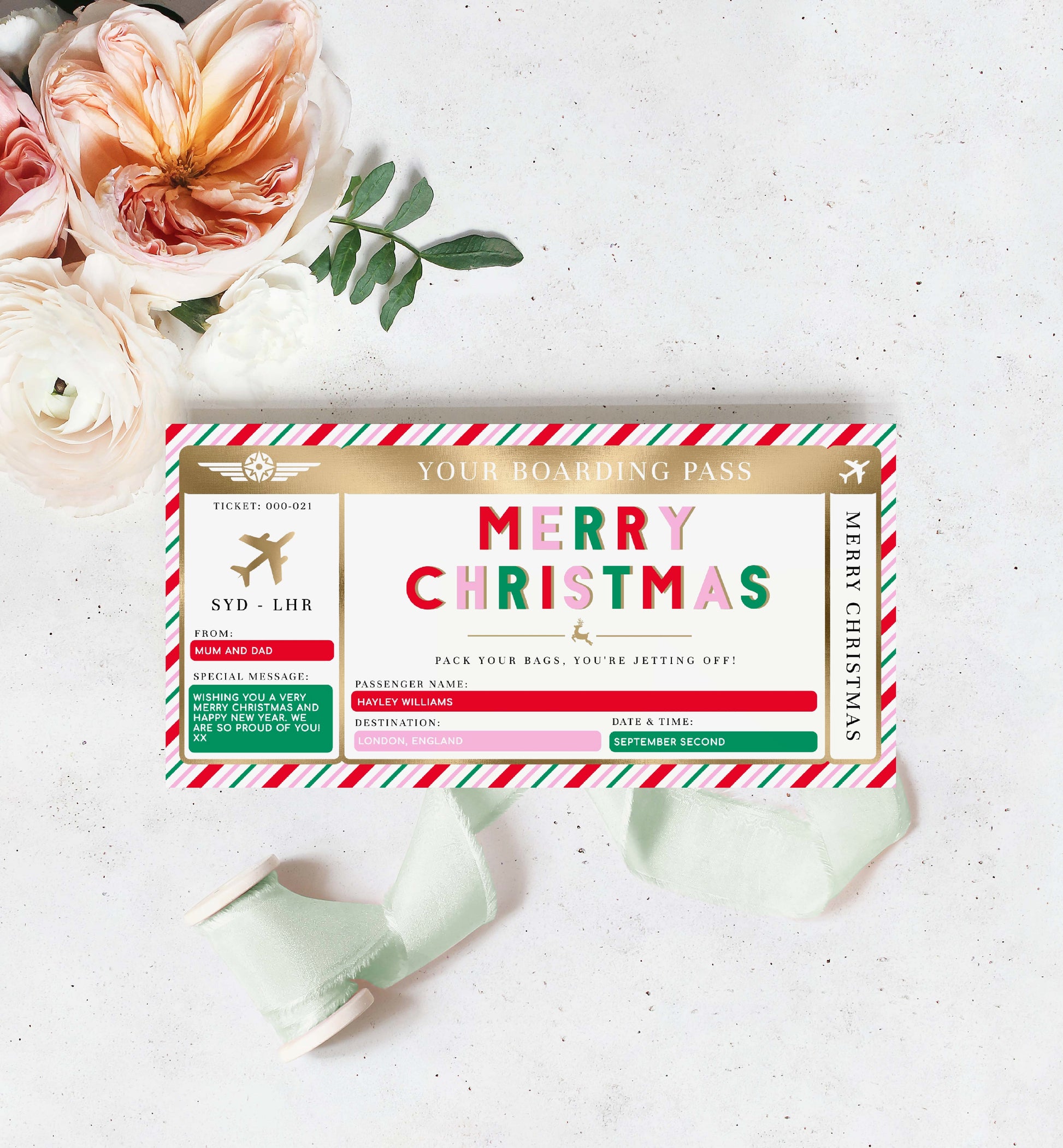Editable Boarding Pass Christmas Template, Printable Surprise Fake Airline Ticket Gold Foil, Vacation Airplane Ticket Gift, Festive Stripe