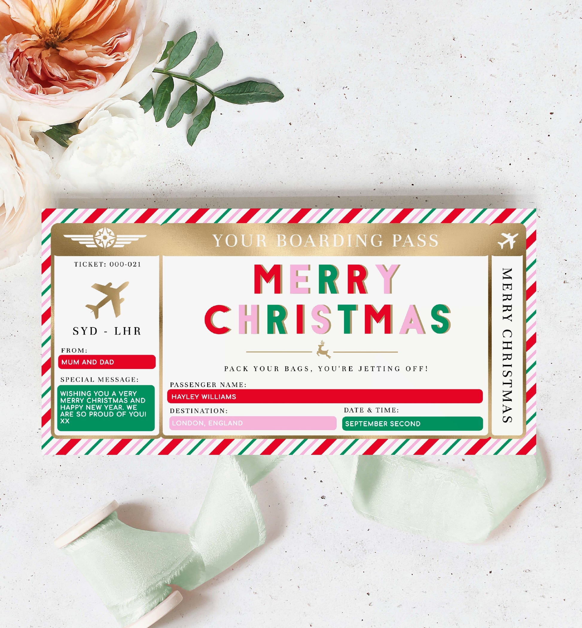 Editable Boarding Pass Christmas Template, Printable Surprise Fake Airline Ticket Gold Foil, Vacation Airplane Ticket Gift, Festive Stripe