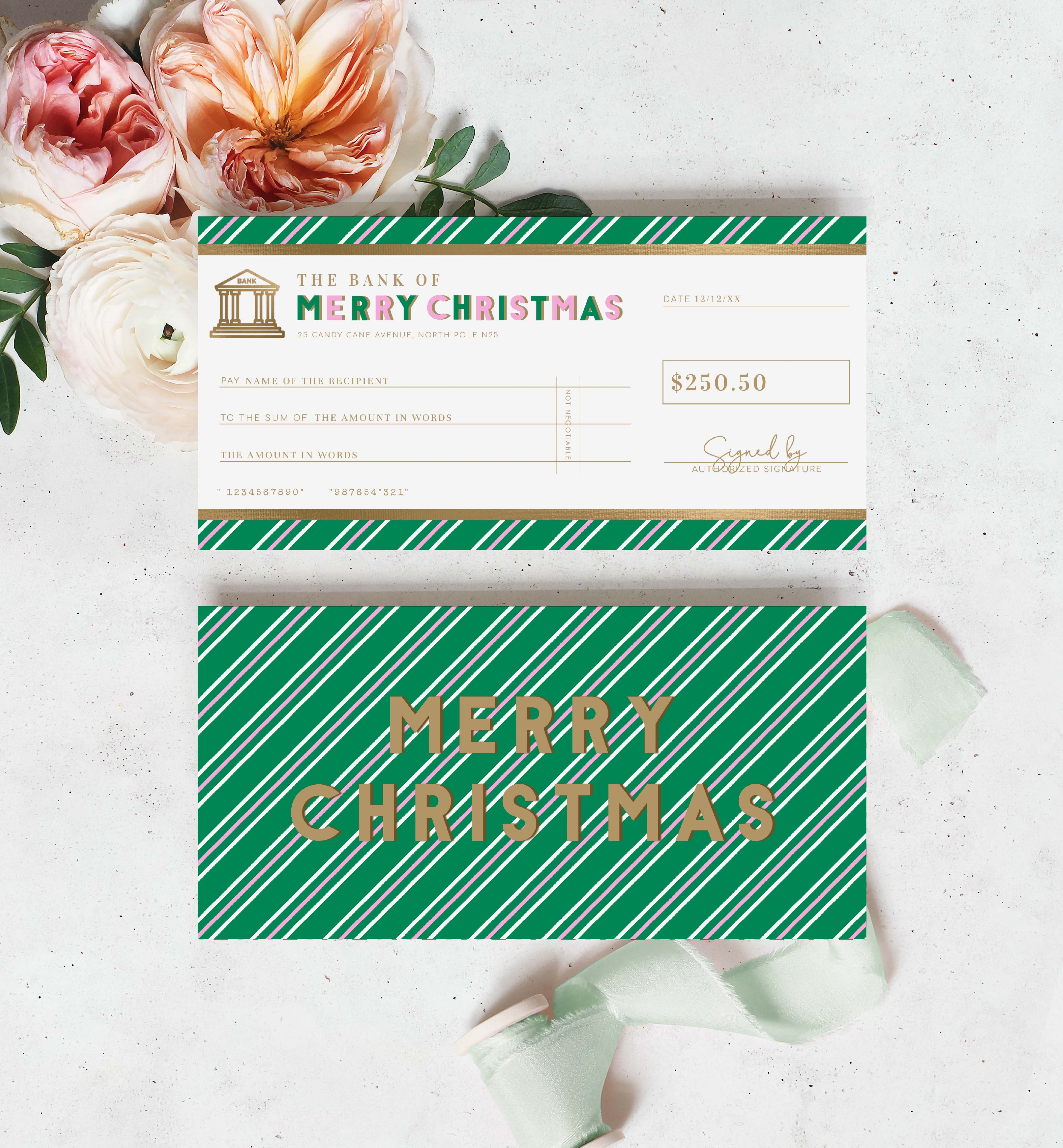 Stripe Green Pink | Printable Christmas Cheque Gift Voucher Template ...