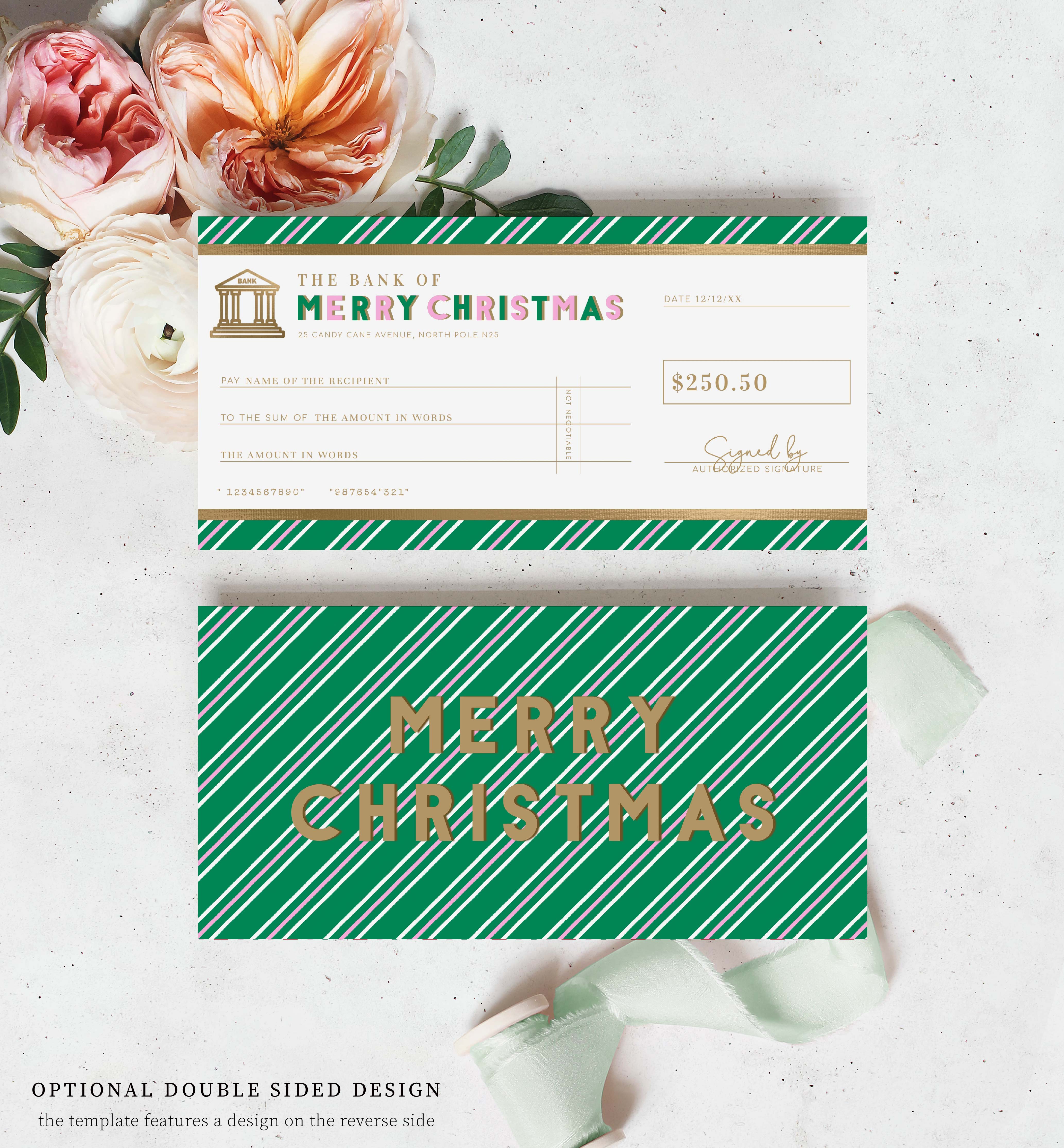 Stripe Green Pink | Printable Christmas Cheque Gift Voucher Template ...