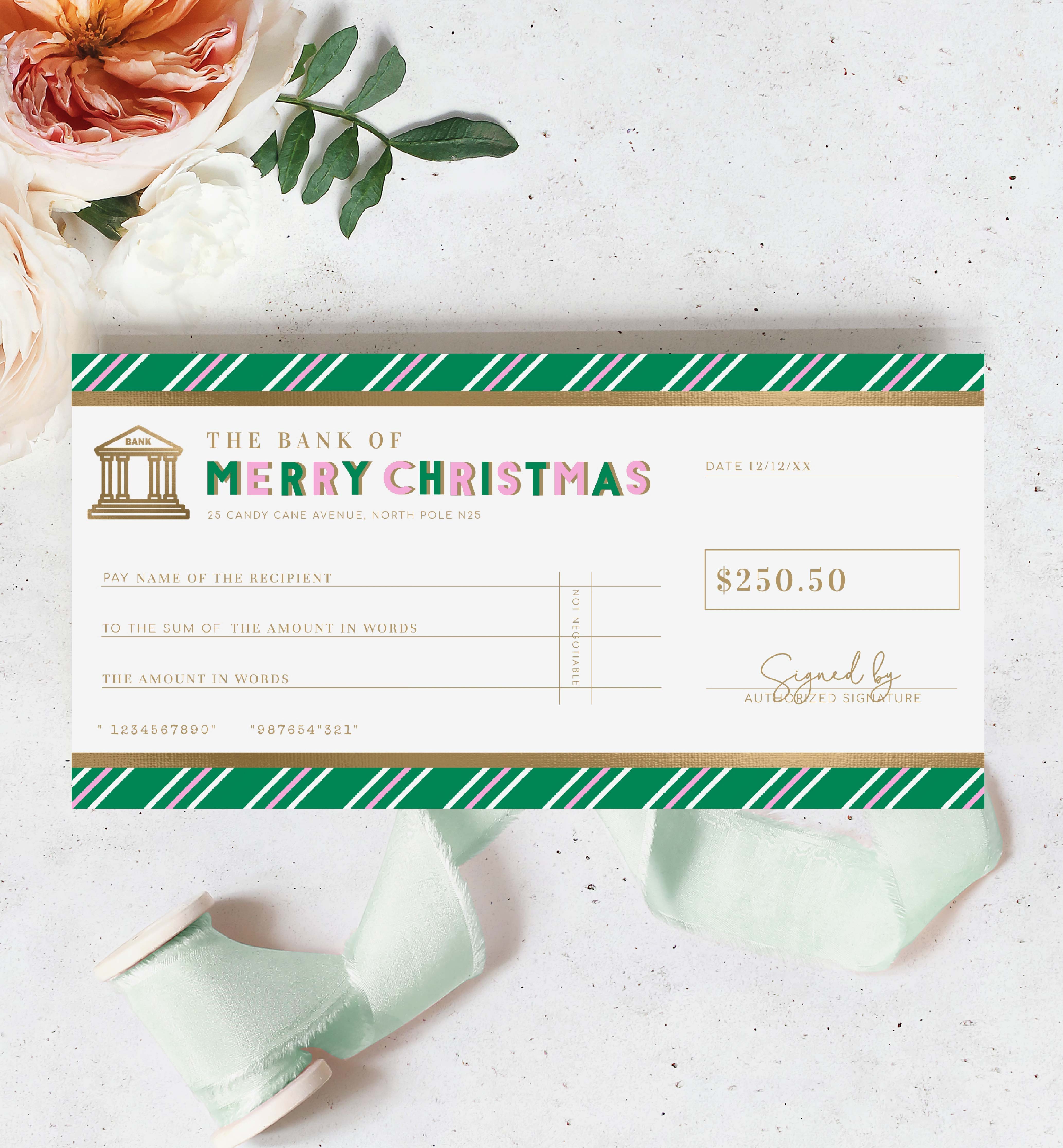 Stripe Green Pink | Printable Christmas Cheque Gift Voucher Template ...