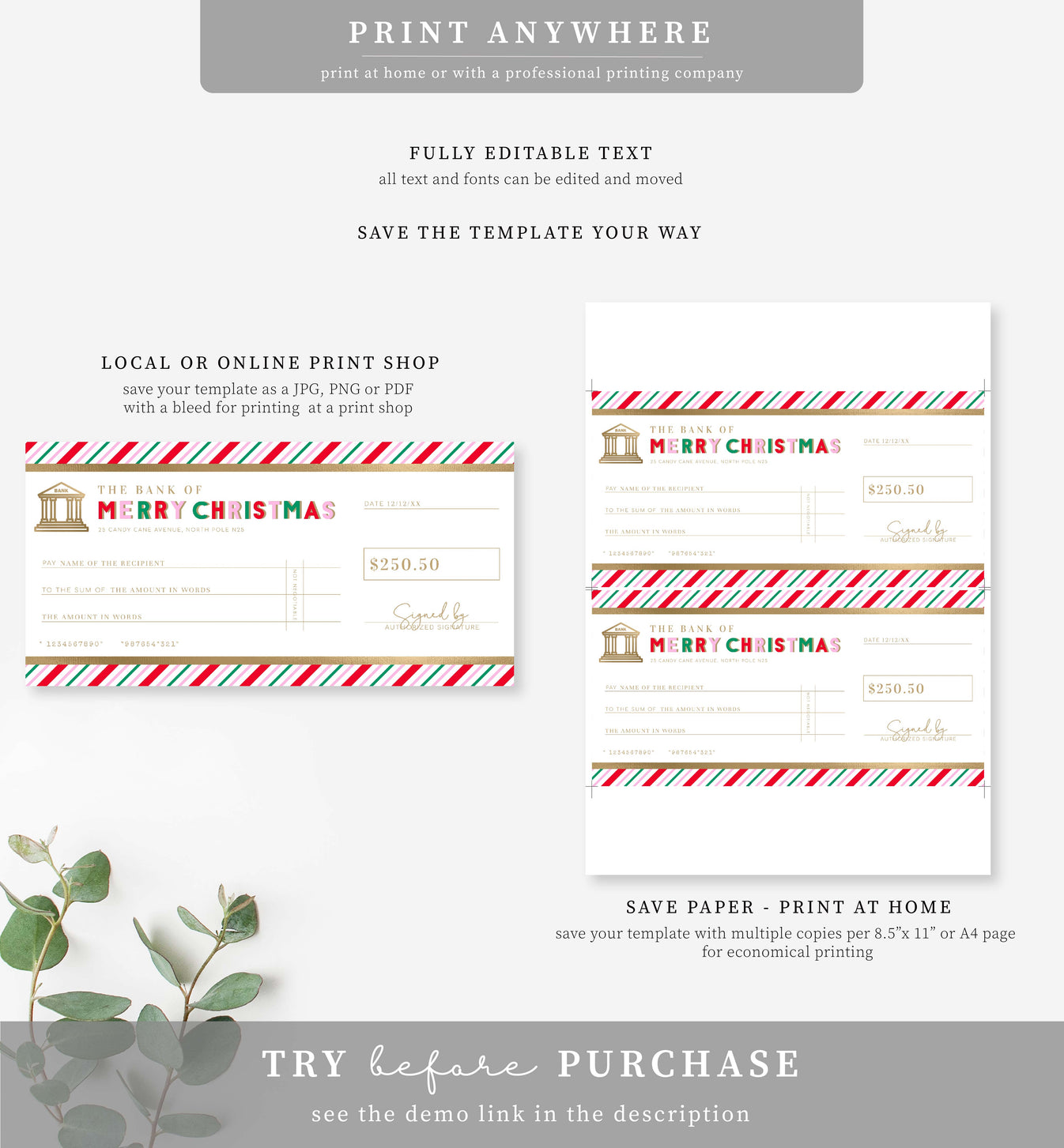 Stripe Pink Multi | Printable Christmas Cheque Gift Voucher Template ...