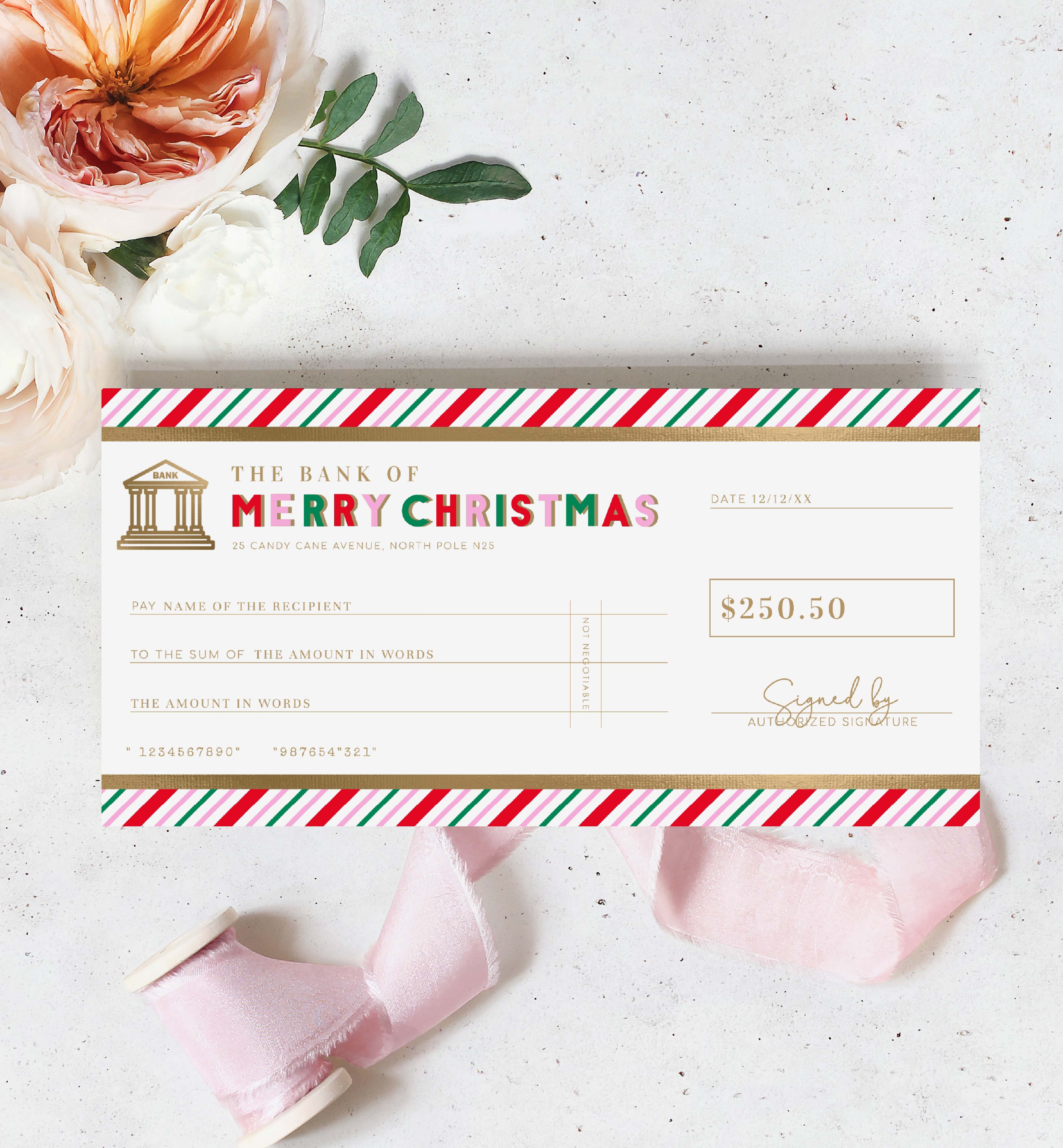 Stripe Pink Multi | Printable Christmas Cheque Gift Voucher Template ...