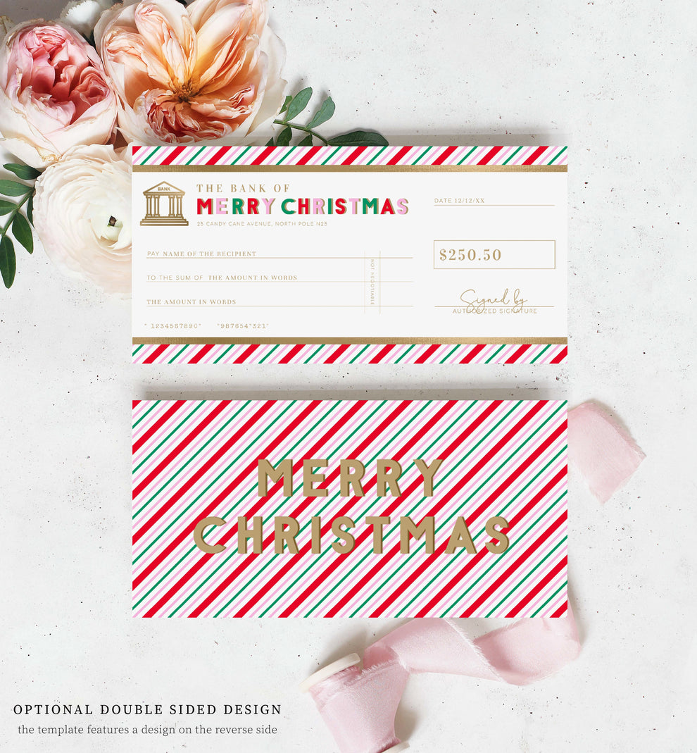 Stripe Pink Multi | Printable Christmas Cheque Gift Voucher Template ...