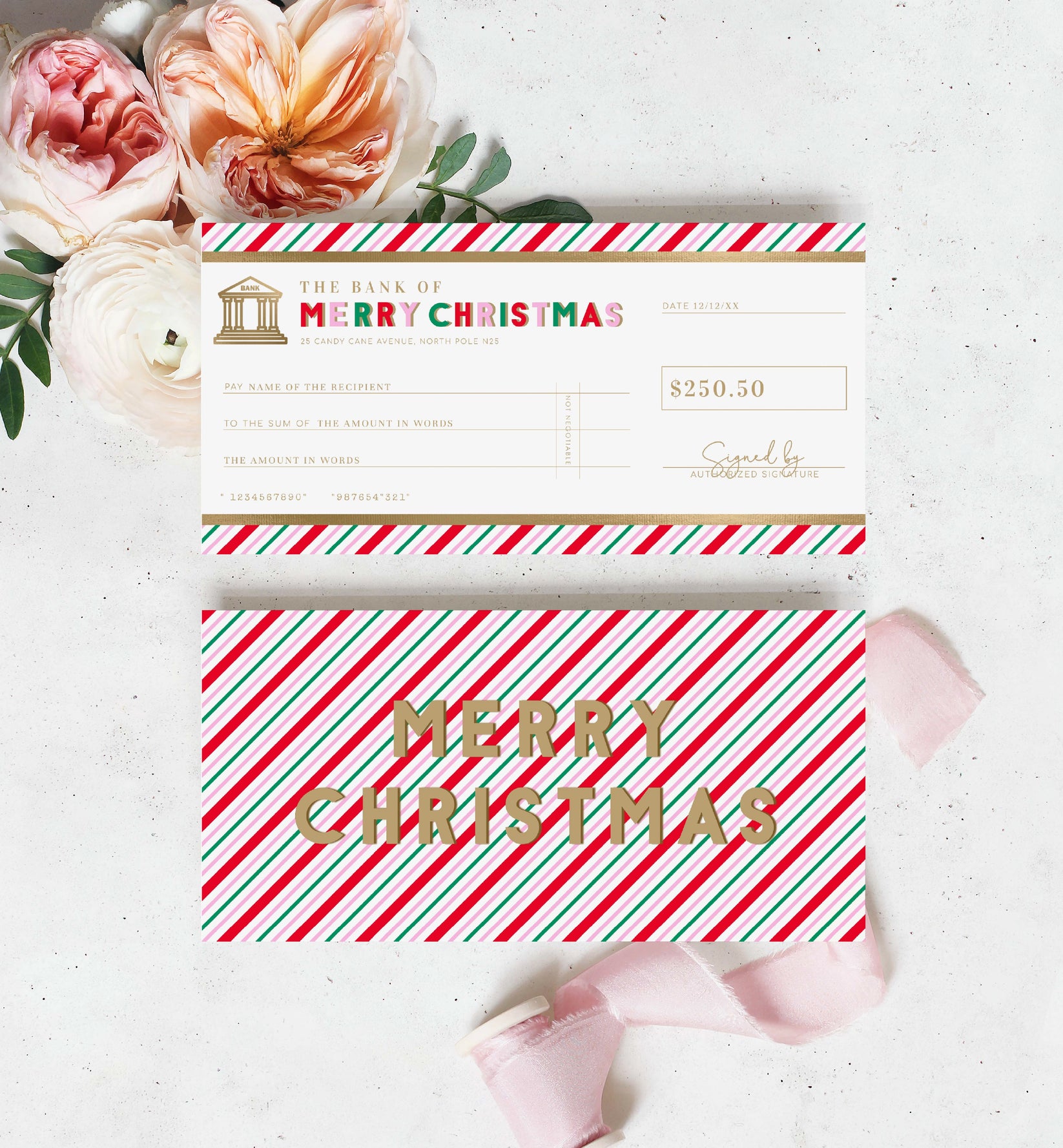Stripe Pink Multi | Printable Christmas Cheque Gift Voucher Template ...