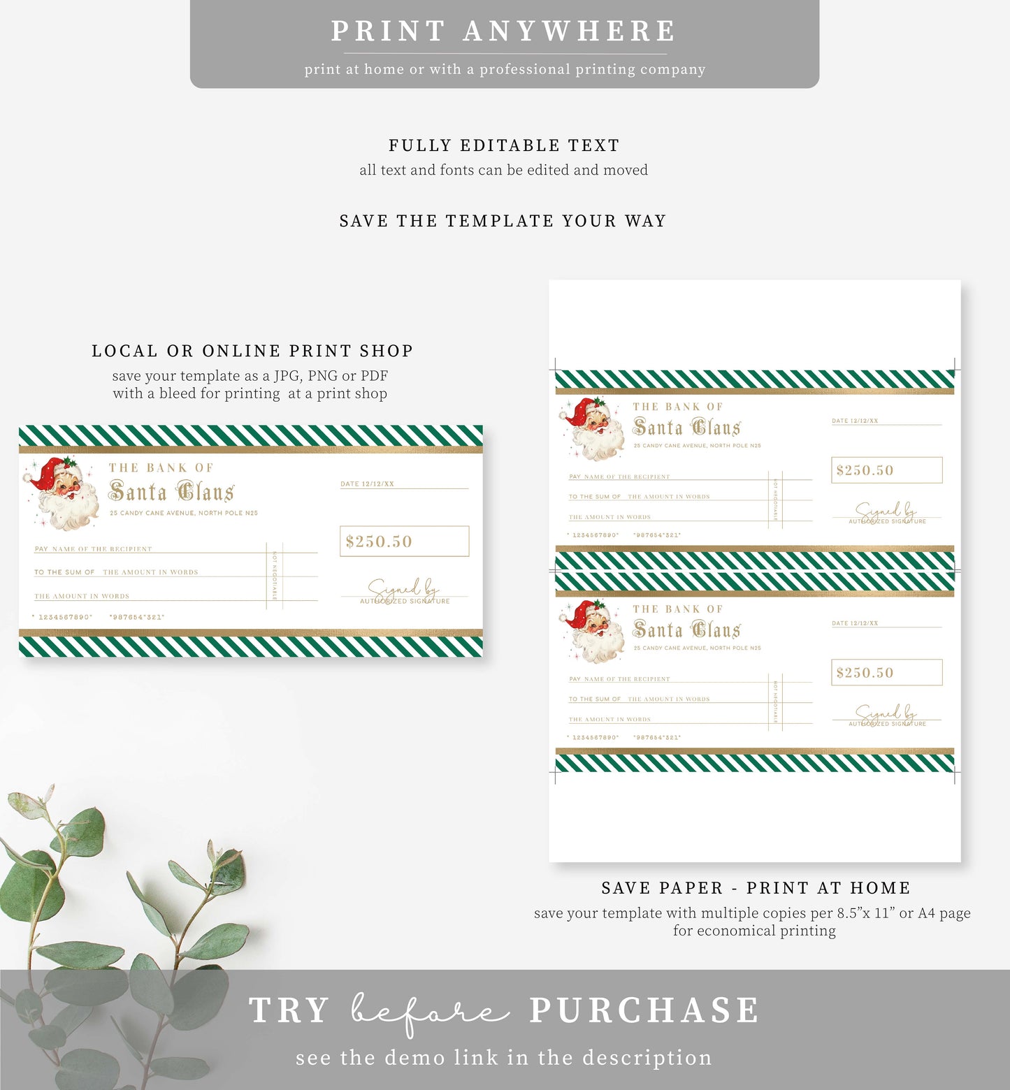 Stripe Green | Printable Christmas Santa Cheque Gift Voucher Template