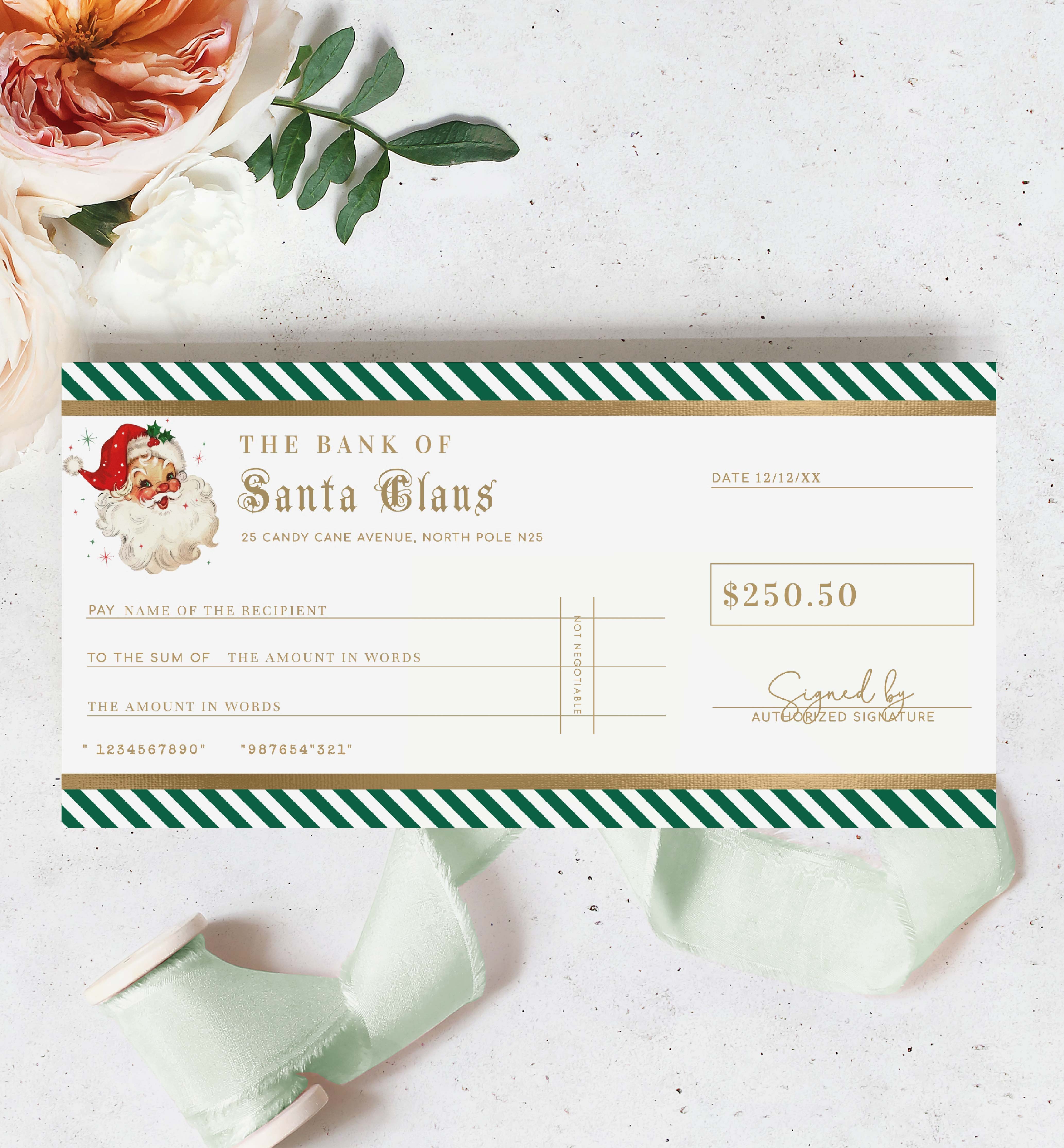 Stripe Green | Printable Christmas Santa Cheque Gift Voucher Template ...
