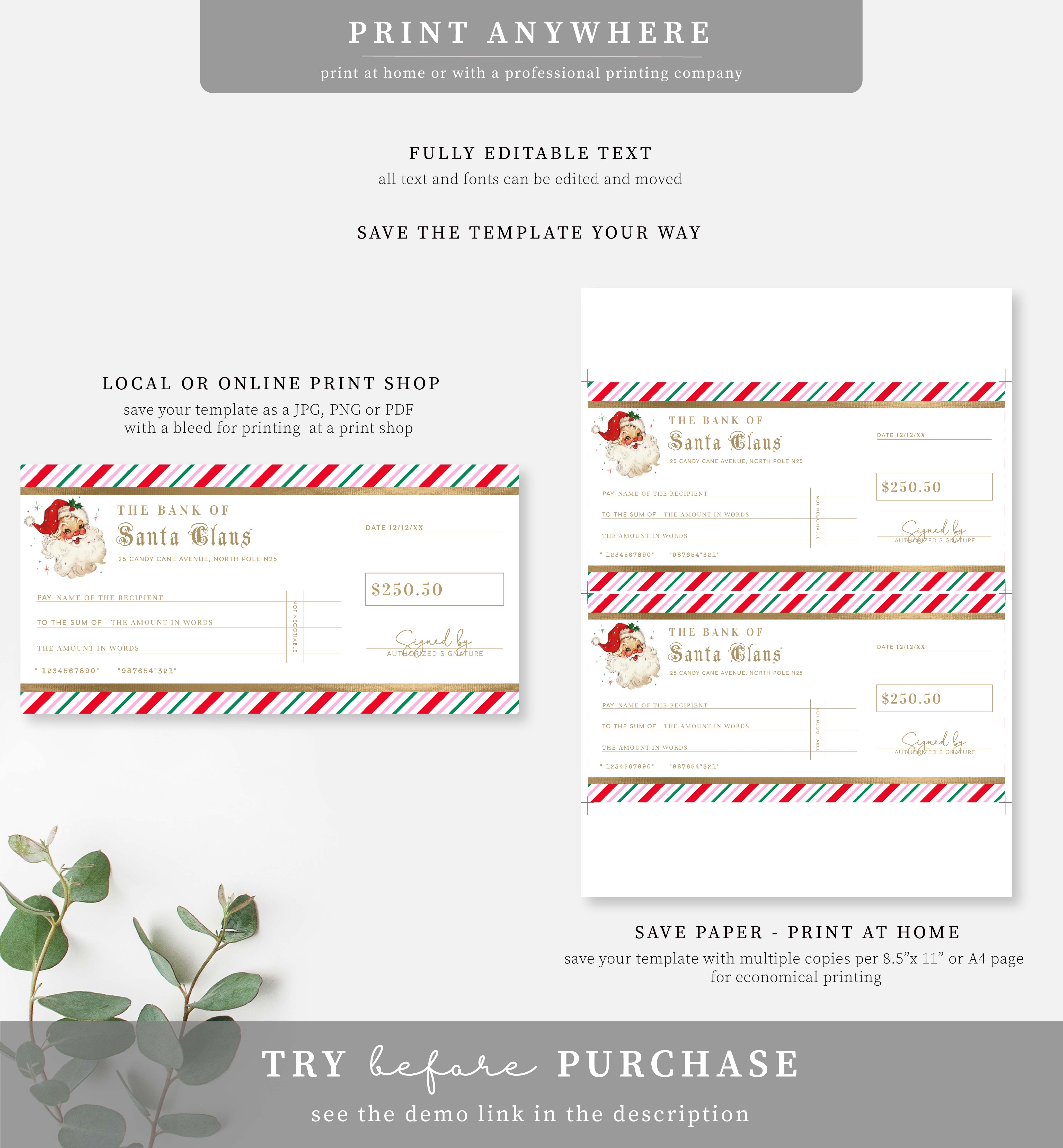 Stripe Pink Multi | Printable Christmas Santa Cheque Gift Voucher Temp ...