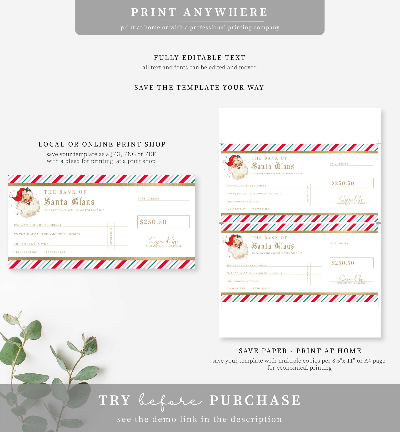 Stripe Pink Multi | Printable Christmas Santa Cheque Gift Voucher Temp ...