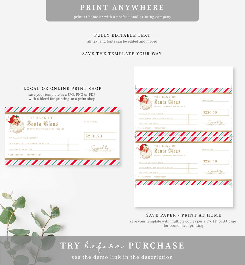 Stripe Pink Multi | Printable Christmas Santa Cheque Gift Voucher Temp ...