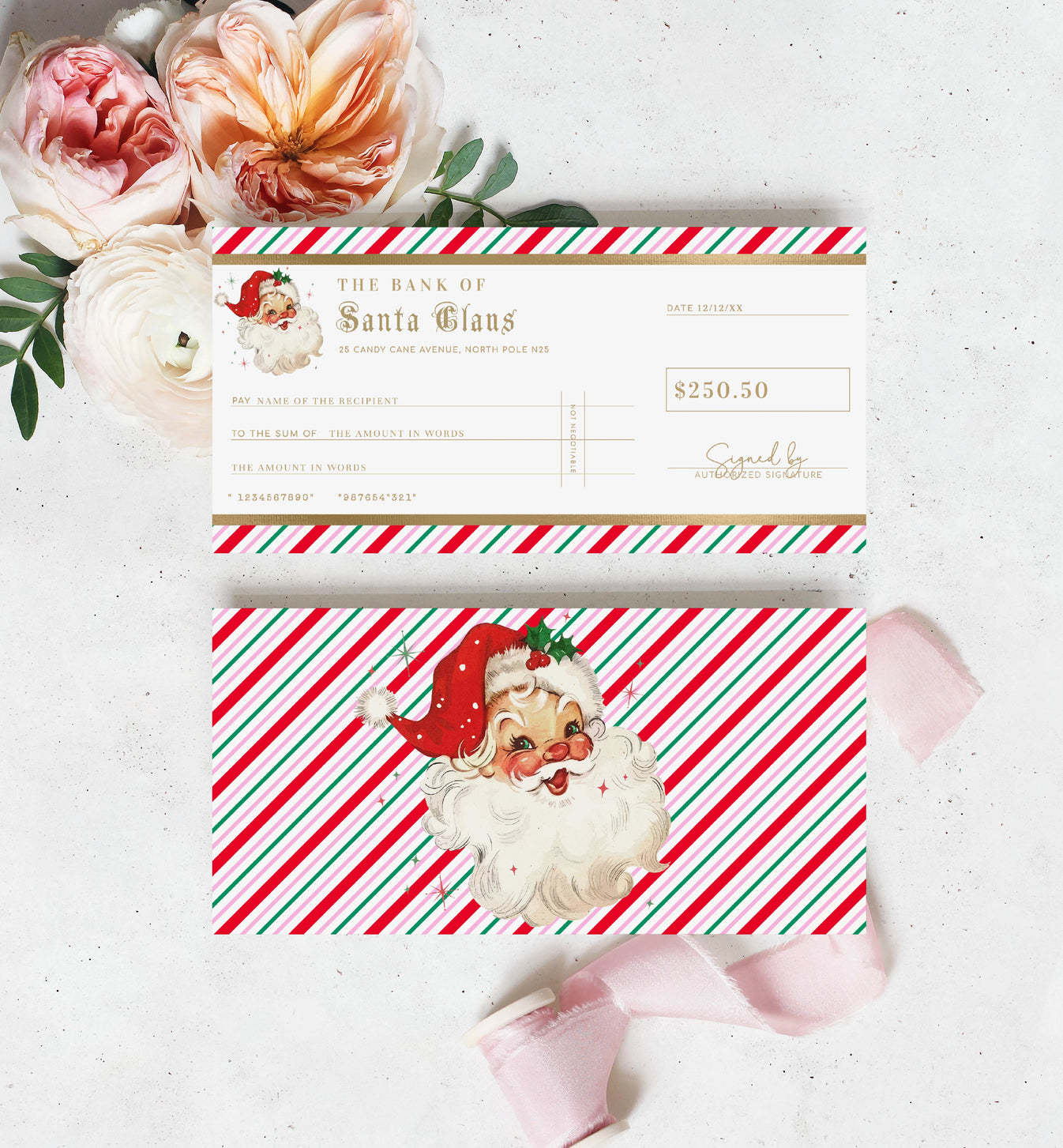 Stripe Pink Multi | Printable Christmas Santa Cheque Gift Voucher Temp ...