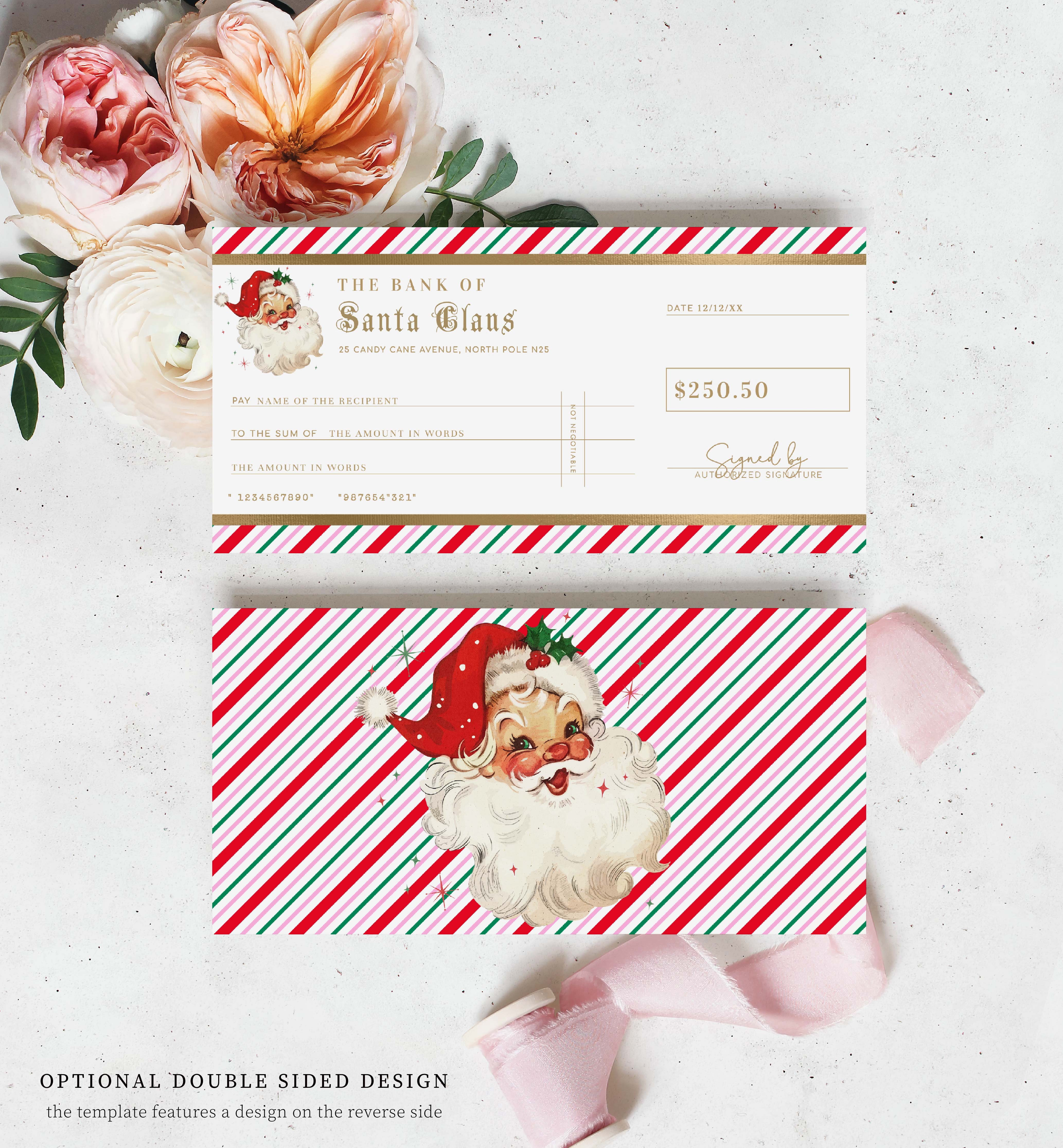 Stripe Pink Multi | Printable Christmas Santa Cheque Gift Voucher Temp ...