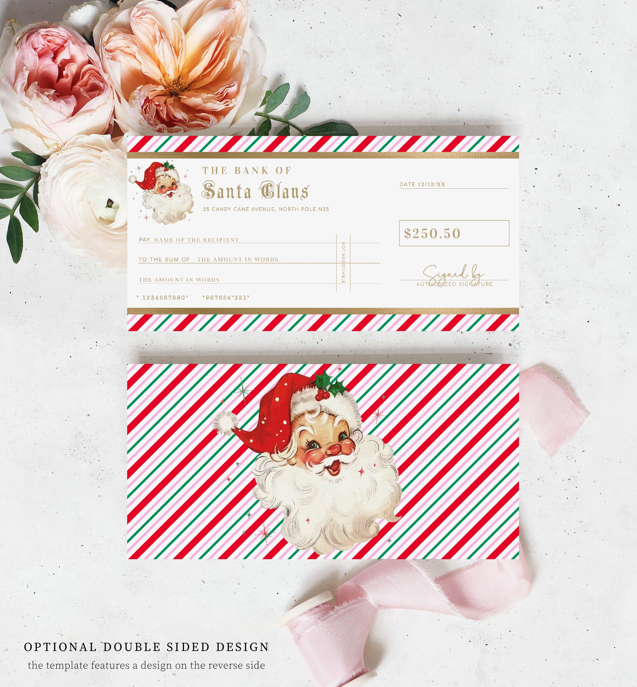 Stripe Pink Multi | Printable Christmas Santa Cheque Gift Voucher Temp ...