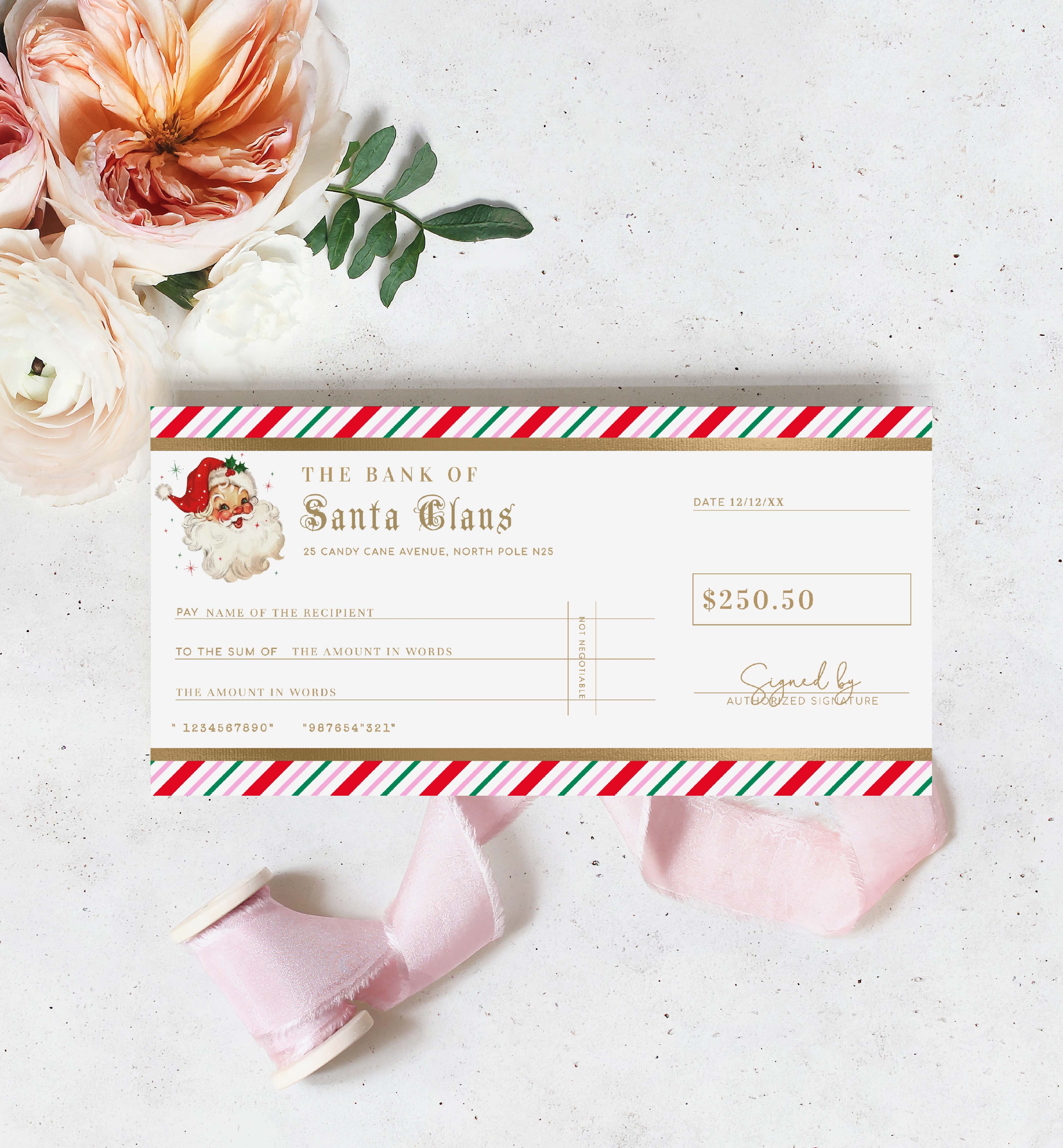 Stripe Pink Multi | Printable Christmas Santa Cheque Gift Voucher Temp ...
