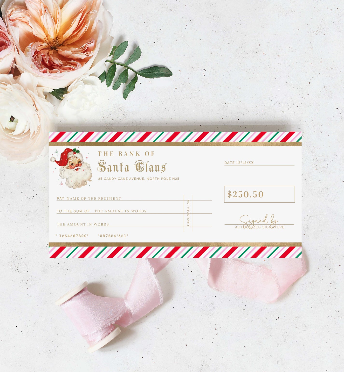 Stripe Pink Multi | Printable Christmas Santa Cheque Gift Voucher Temp ...