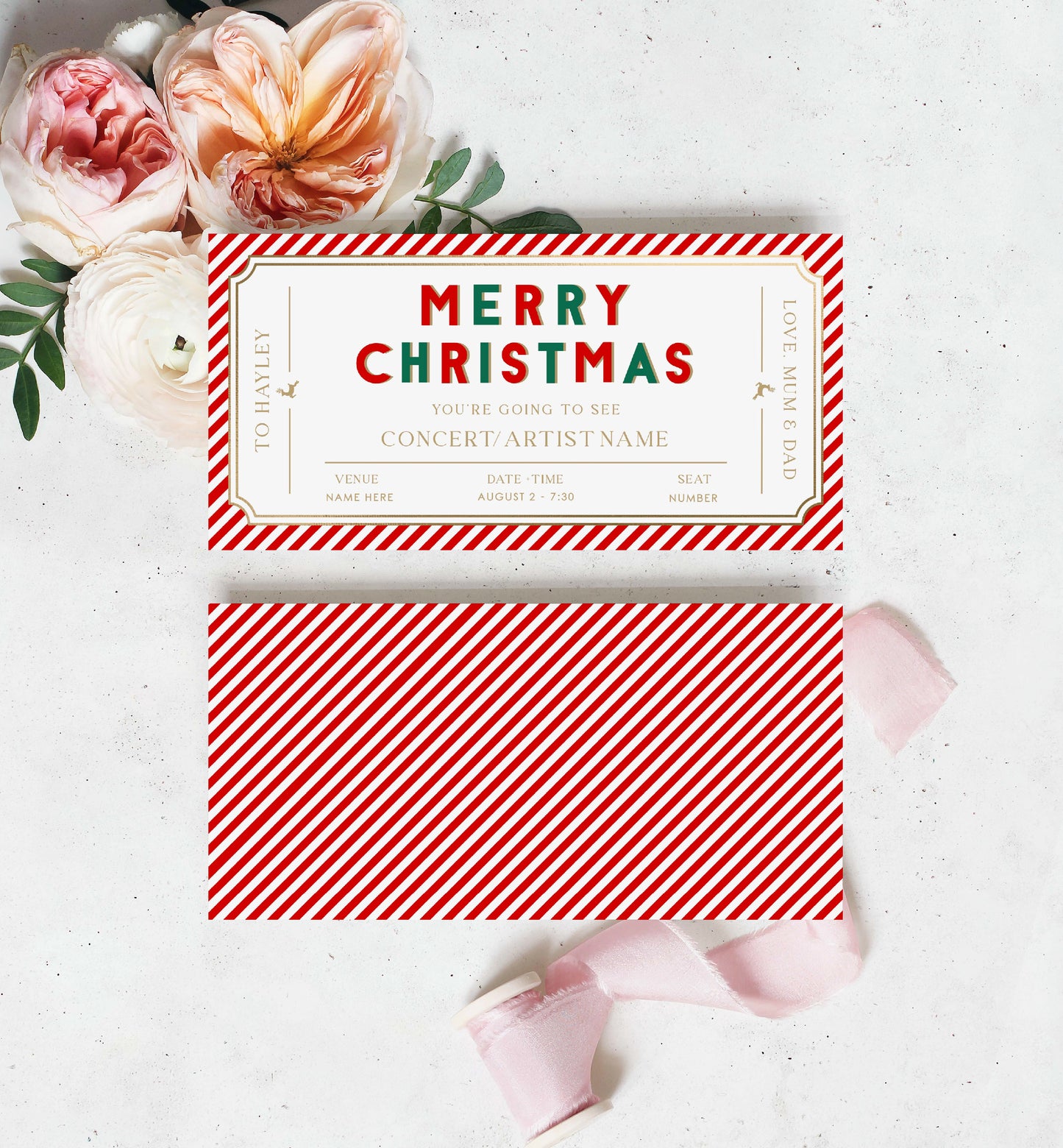 Christmas Concert Ticket Gift Voucher Template, Fully Custom Printable Gift Certificate, Music Show Ticket Christmas Present, Red Stripe