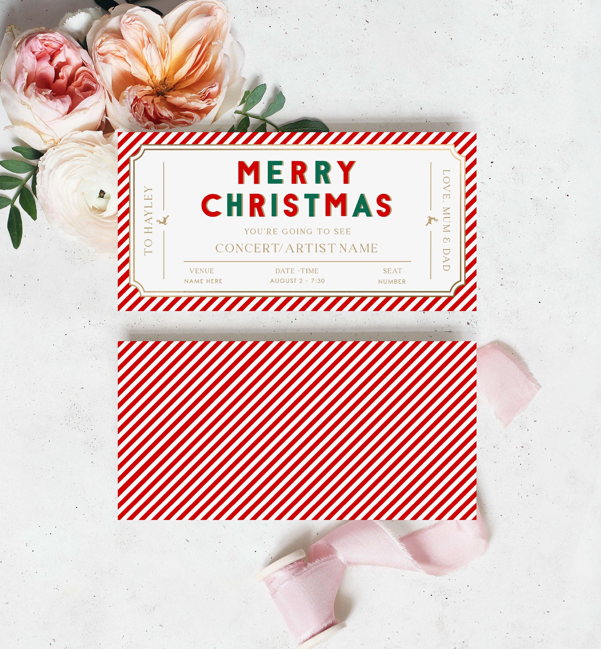 Christmas Concert Ticket Gift Voucher Template, Fully Custom Printable Gift Certificate, Music Show Ticket Christmas Present, Red Stripe