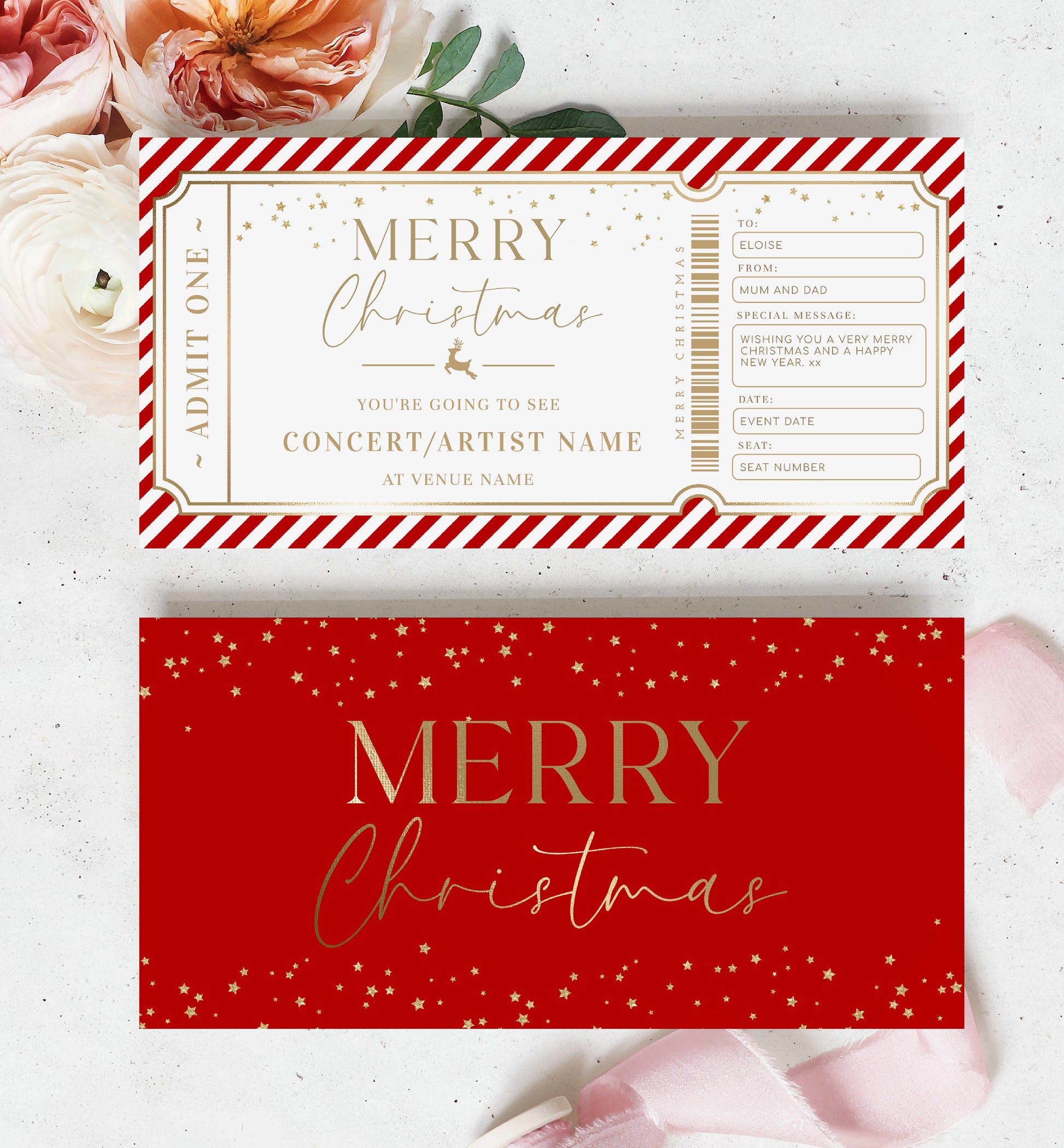 Stripe Red White  Printable Christmas Concert Gift Voucher