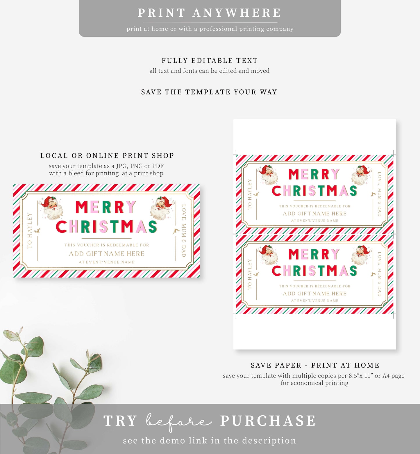 Stripe Pink Multi | Printable Christmas Custom Gift Voucher Template