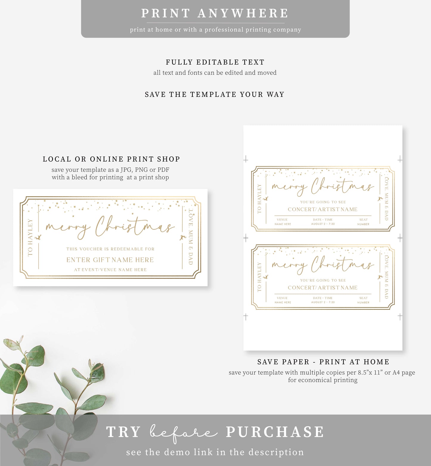Paintly White Gold | Printable Custom Christmas Gift Voucher Template