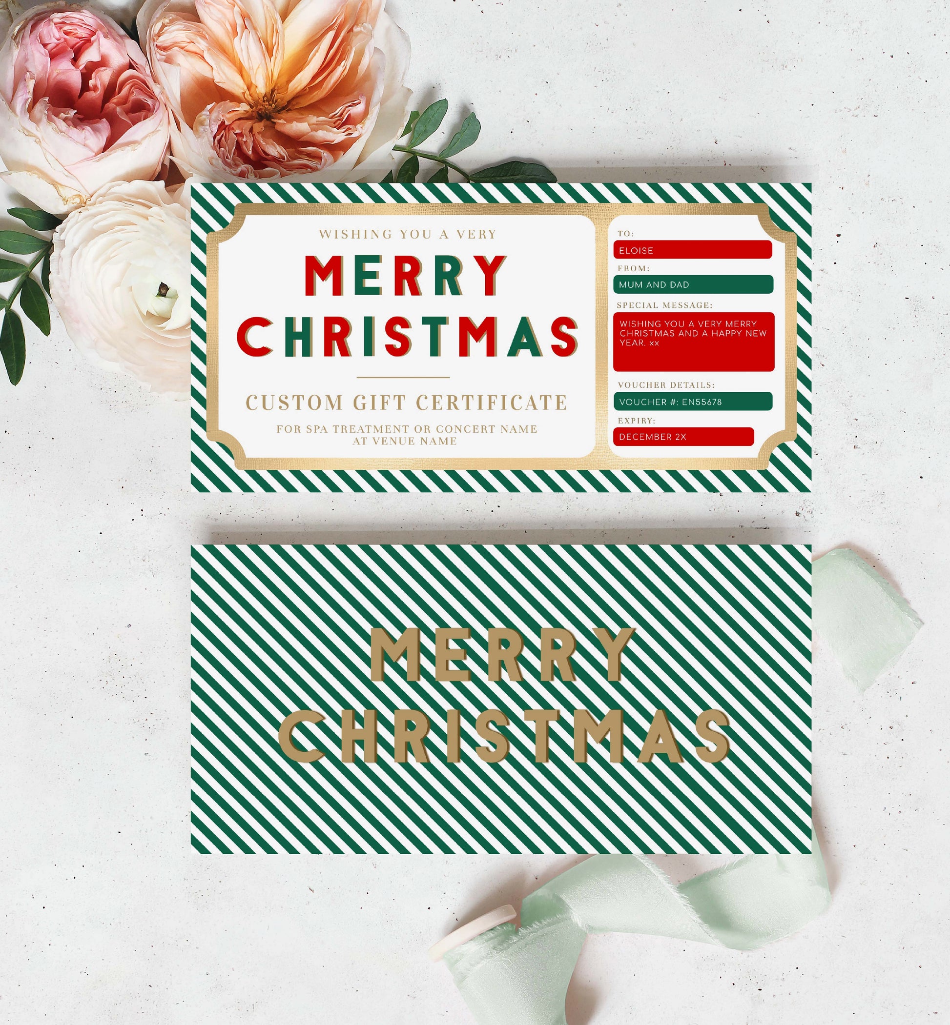 Christmas Gift Voucher Template, Fully Custom Printable Gift Certificate Christmas Present, Gold Christmas Gift Coupon, Green Stripe