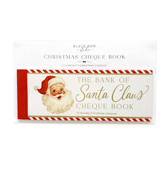 Christmas cheque book with Santa Claus design on a white background. Bank Of Santa Claus Novelty Christmas Cheque Book, Christmas Gift Vouchers, Christmas Money Gift