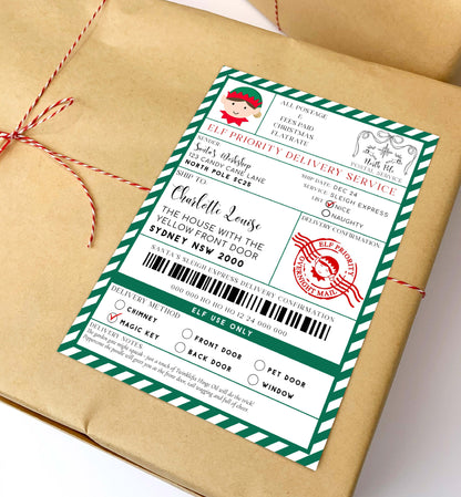 Gift package with a festive label on brown paper. Printable Elf Arrival Box Shipping Label Sticker, North Pole Elf Mail Gift Tag, Santa's Workshop Christmas Special Delivery Shipping Label