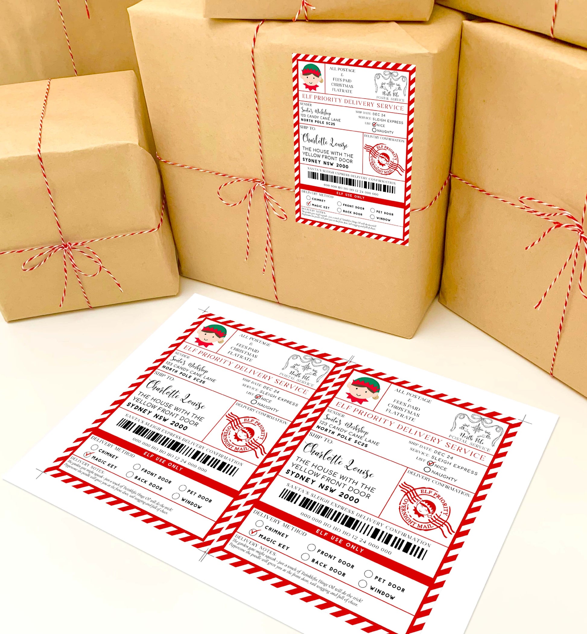 Brown paper packages tied with red string on a white surface, with a matching label. Printable Elf Arrival Box Shipping Label Sticker, North Pole Elf Mail Gift Tag, Santa's Workshop Christmas Special Delivery Shipping Label