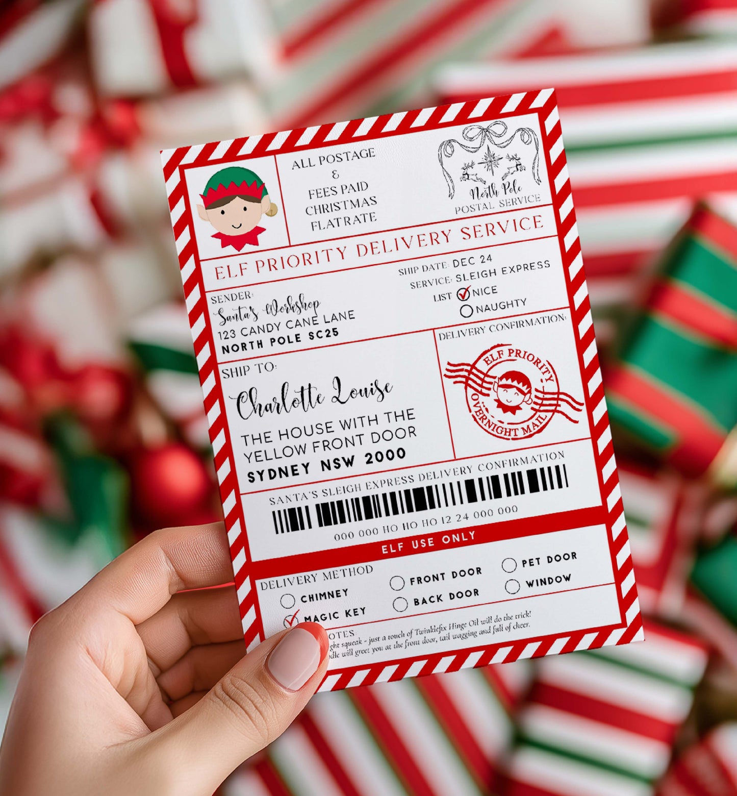 Hand holding a Christmas-themed delivery ticket with candy cane background. Printable Elf Arrival Box Shipping Label Sticker, North Pole Elf Mail Gift Tag, Santa's Workshop Christmas Special Delivery Shipping Label