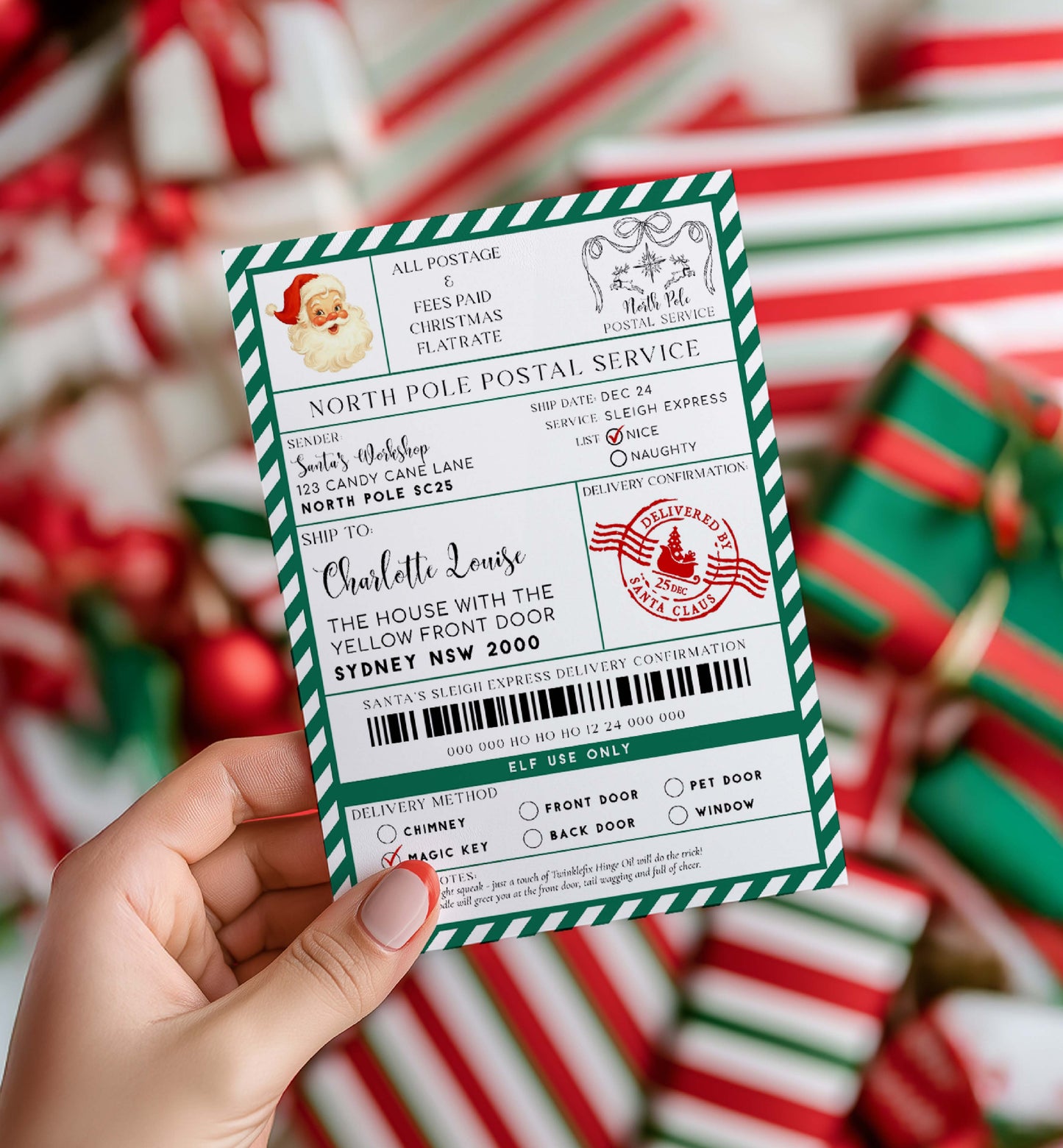 Santa Claus letter with North Pole Postal Service design held over Christmas-themed packaging. Printable Santa Mail North Pole Shipping Label Sticker, Christmas Special Delivery Shipping Label Template, Christmas Santa Gift Tag