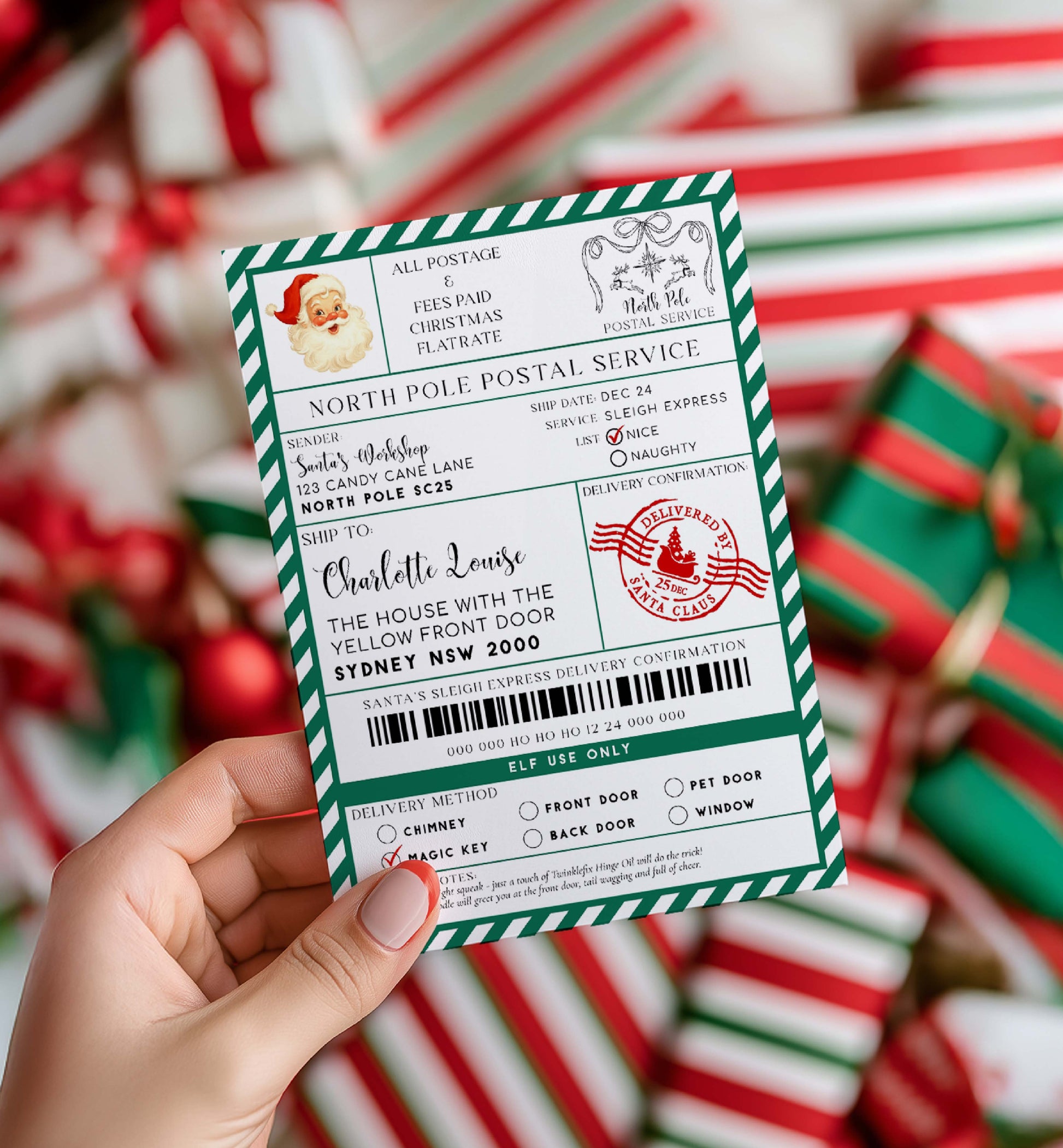 Santa Claus letter with North Pole Postal Service design held over Christmas-themed packaging. Printable Santa Mail North Pole Shipping Label Sticker, Christmas Special Delivery Shipping Label Template, Christmas Santa Gift Tag