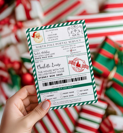 Santa Claus letter with North Pole Postal Service design held over Christmas-themed packaging. Printable Santa Mail North Pole Shipping Label Sticker, Christmas Special Delivery Shipping Label Template, Christmas Santa Gift Tag