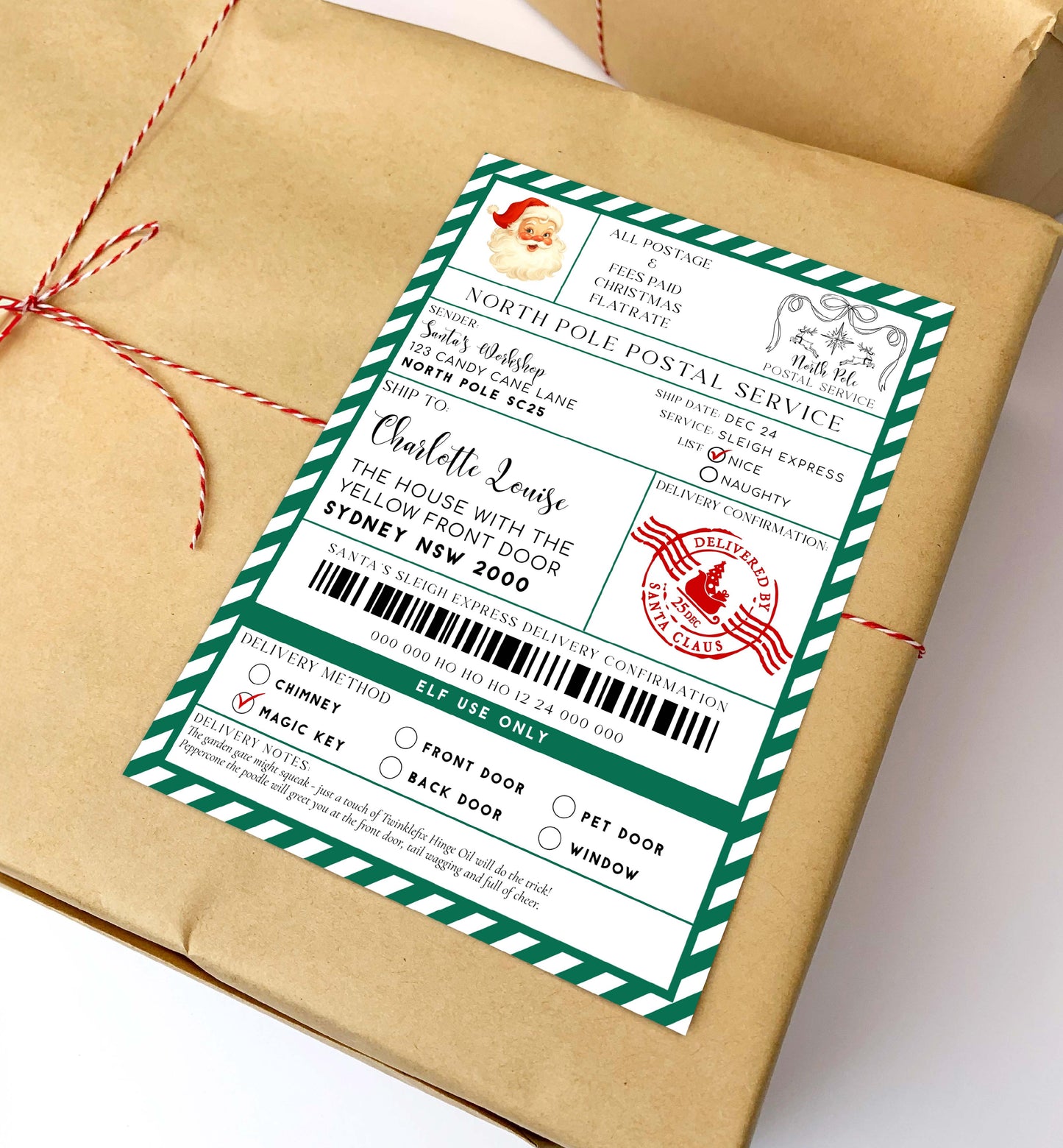 Gift wrapped in brown paper with a festive label on a white background. Printable Santa Mail North Pole Shipping Label Sticker, Christmas Special Delivery Shipping Label Template, Christmas Santa Gift Tag