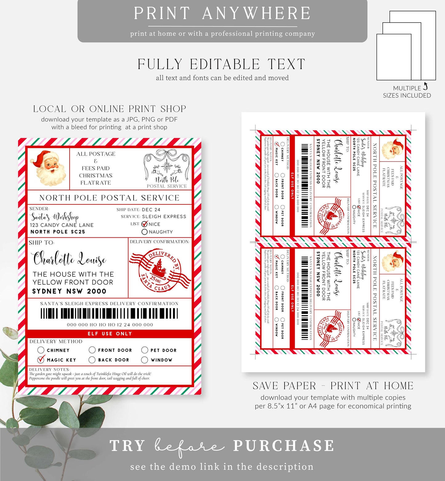 Santa's Workshop Pink Multi | Printable Christmas Shipping Label Template