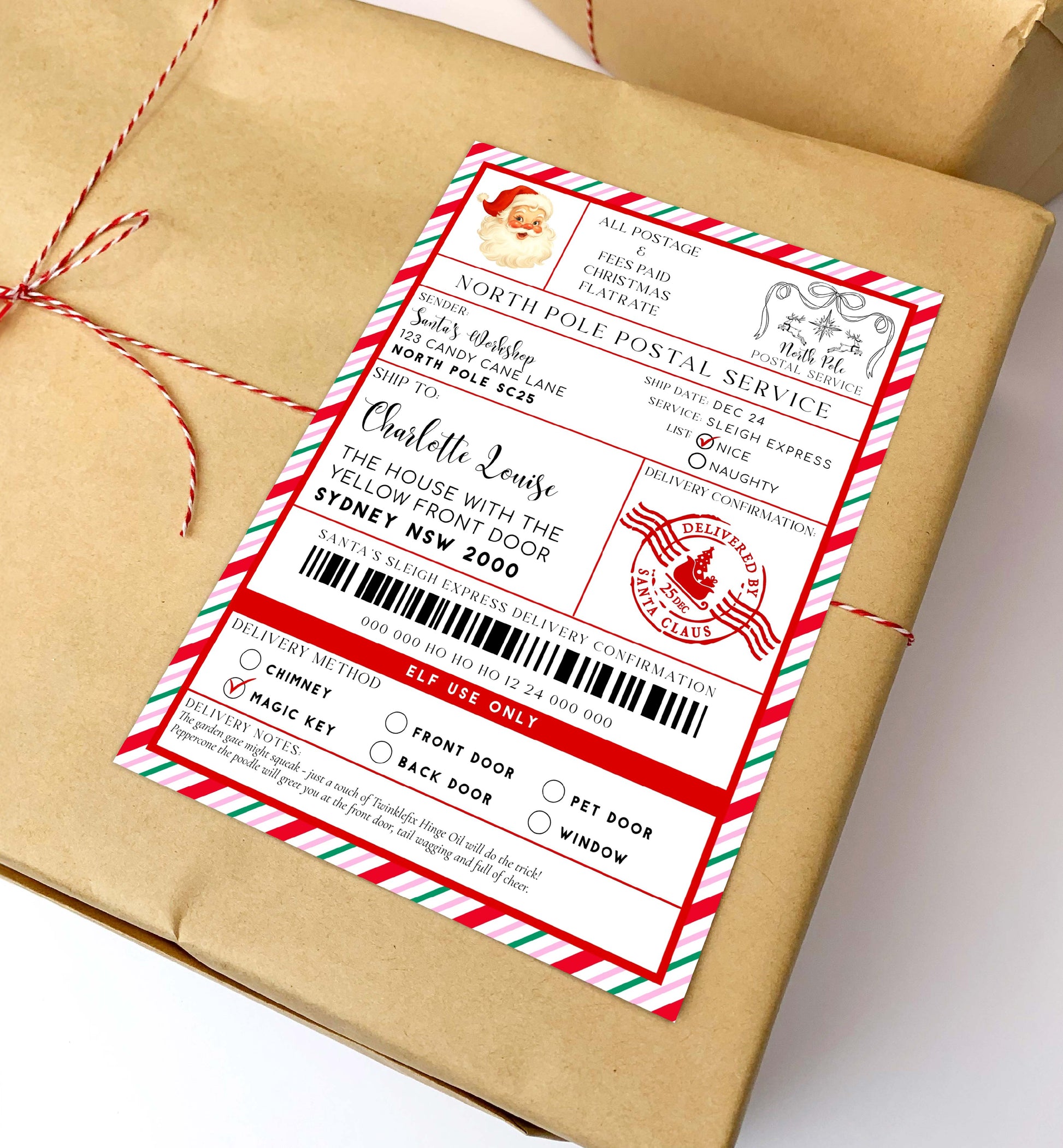 Gift wrapped in brown paper with a festive label on a white background. Printable Santa Mail North Pole Shipping Label Sticker, Christmas Special Delivery Shipping Label Template, Christmas Santa Gift Tag