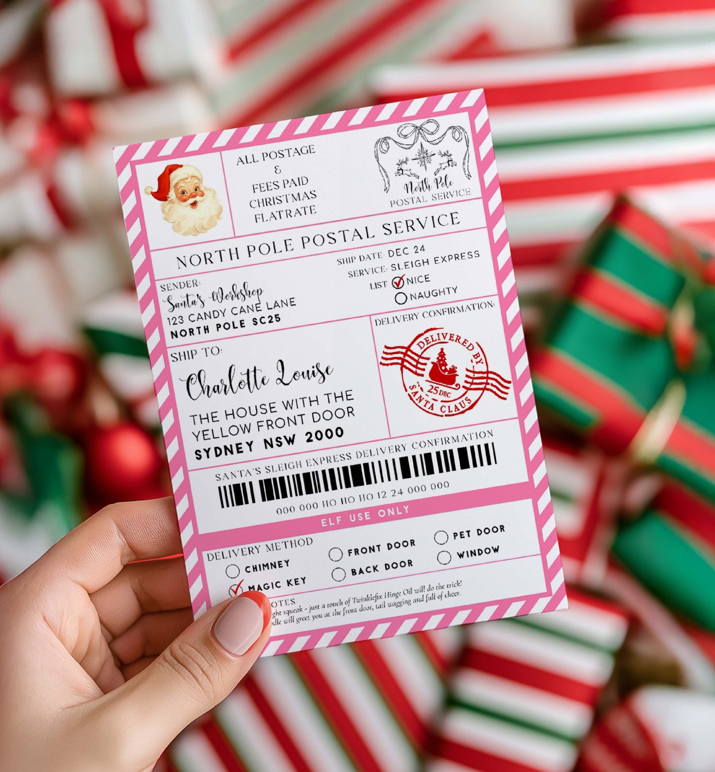 Hand holding a North Pole Postal Service ticket with Christmas-themed background. Printable Santa Mail North Pole Shipping Label Sticker, Christmas Special Delivery Shipping Label Template, Christmas Santa Gift Tag