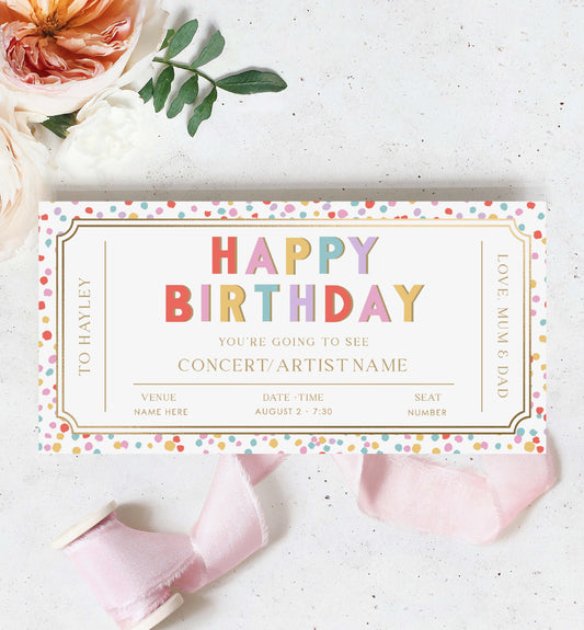 Happy Birthday Concert Gift Voucher Template, Printable Music Festival Ticket Gift Certificate, Unisex Birthday Gift Coupon, Dot Multi