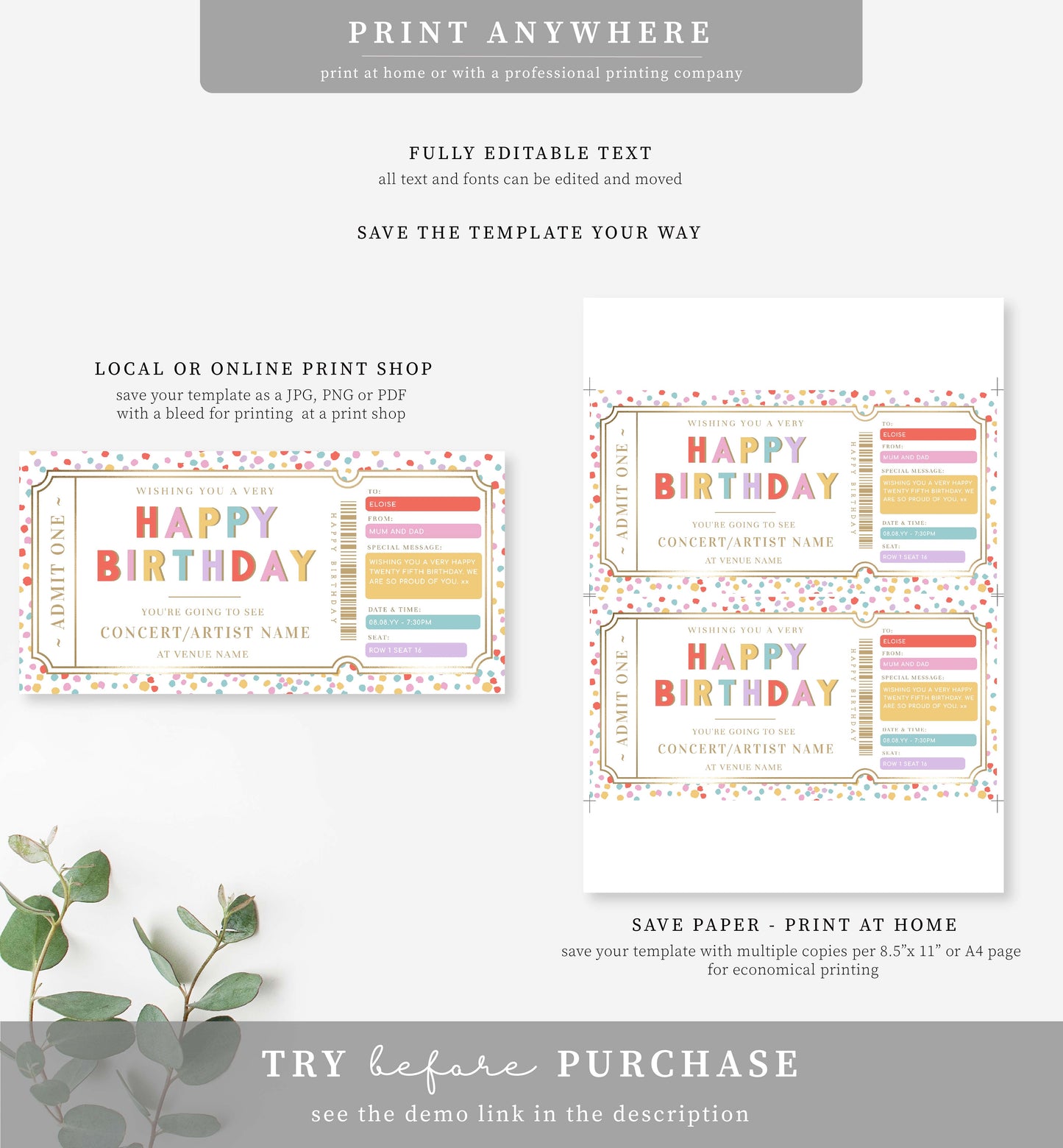 Dot Multi | Printable Concert Gift Voucher Template