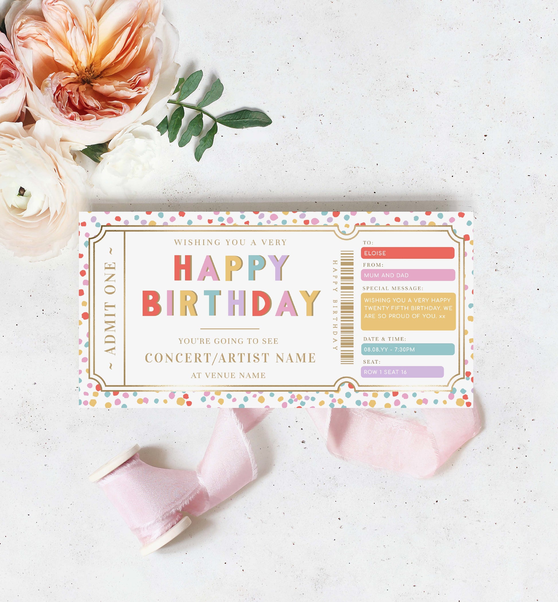 Happy Birthday Concert Gift Voucher Template, Printable Birthday Gift Certificate, Unisex Birthday Printable Birthday Gift Coupon, Music Festival Ticket Gift, Music Tour Ticket Gift Voucher